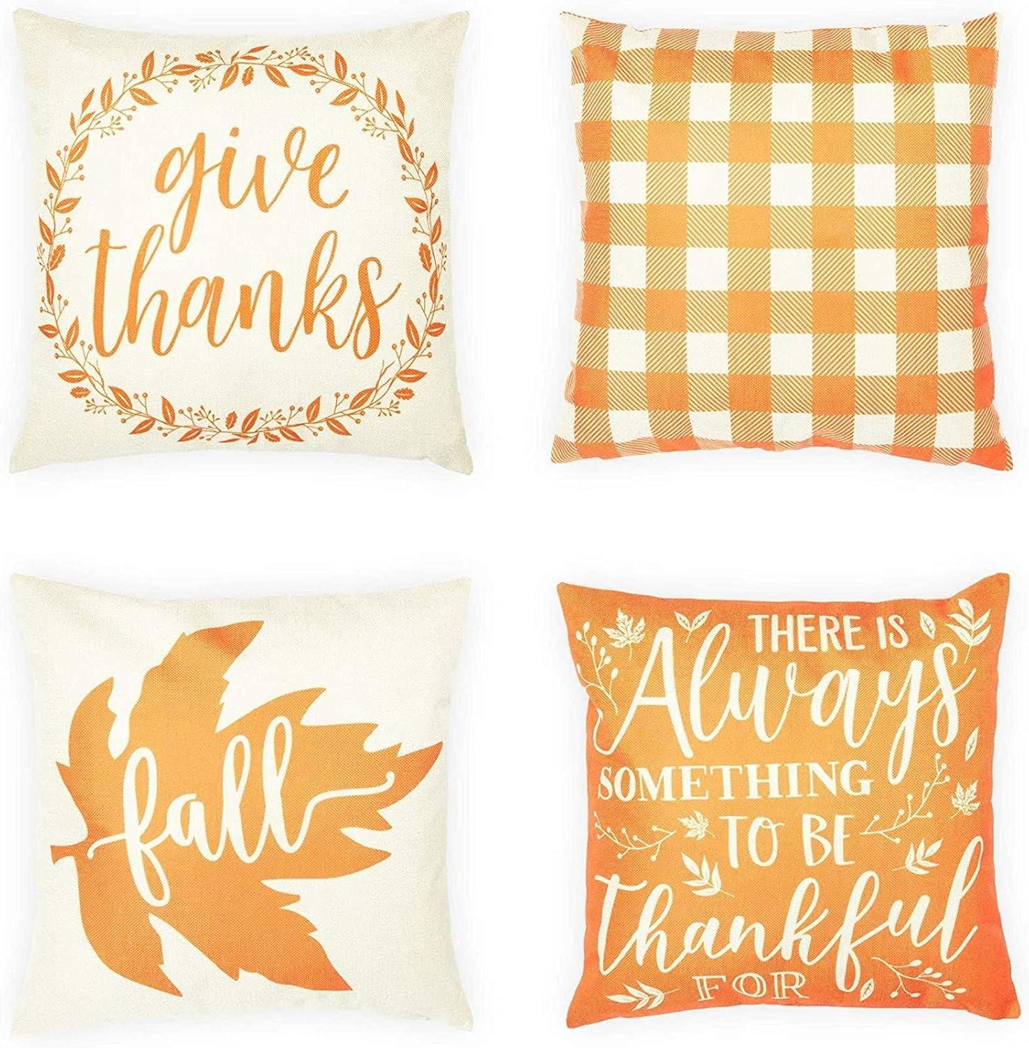 Orange and White Linen Fall Thanksgiving Pillow Covers Set