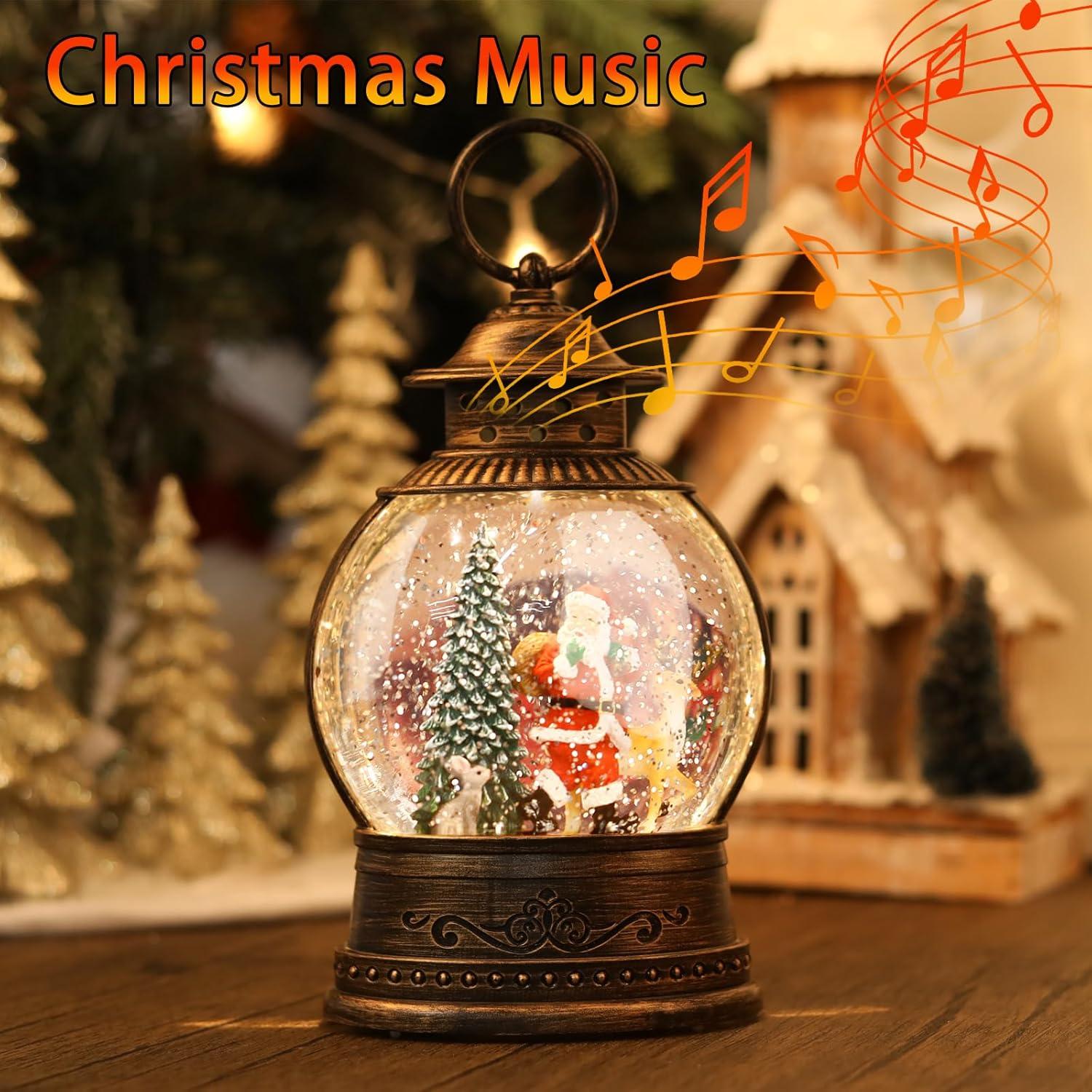 Vintage Brass Musical Santa Christmas Snow Globe Lantern