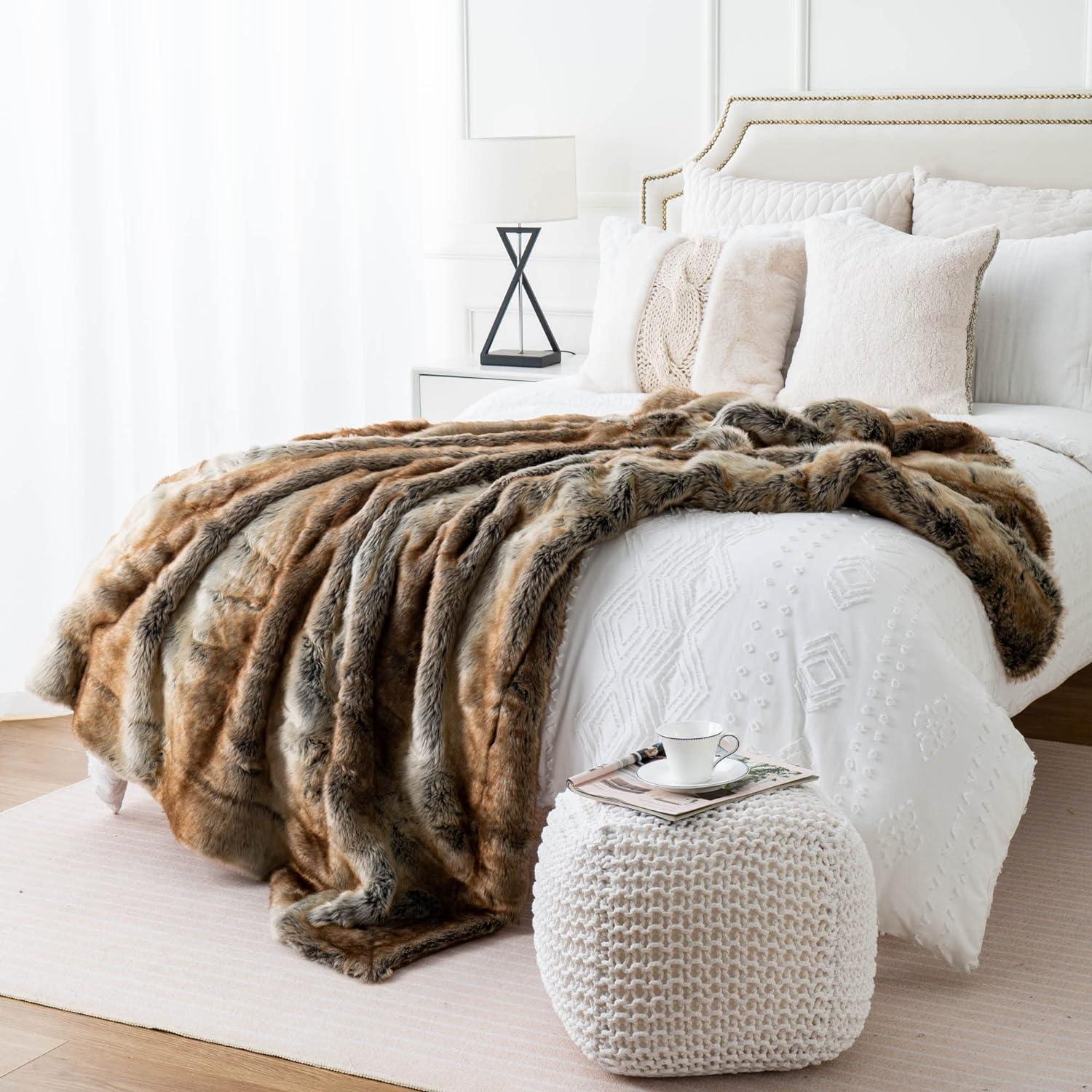 Battilo Brown Faux Fur Blanket, Fuzzy Thick Warm Throw Blankets,Decorative Fur Throws for Bed Sofa Chair ,60"x80"