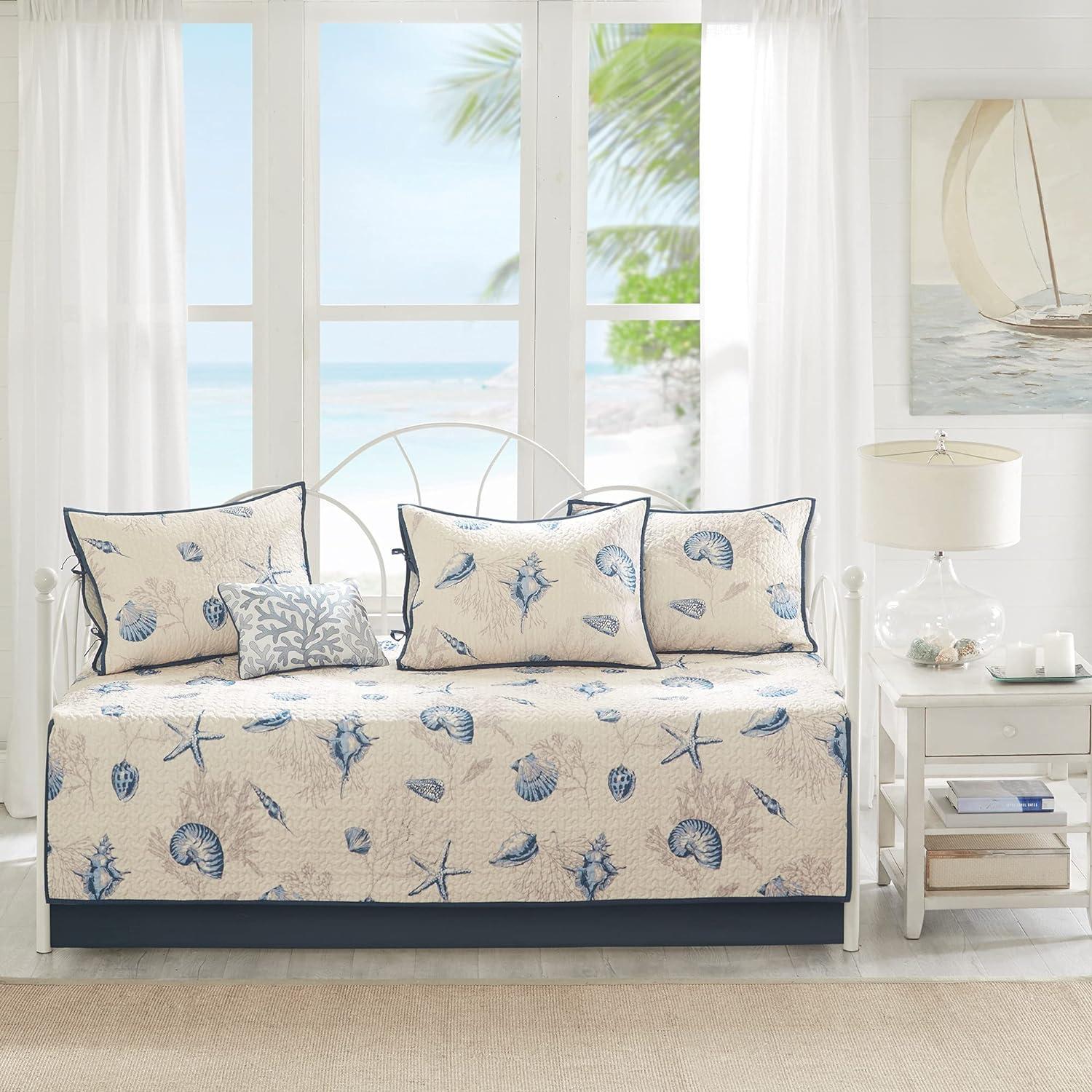 Bayside Blue/Beige 6 Piece Reversible Printed Microfiber Daybed Cover Set