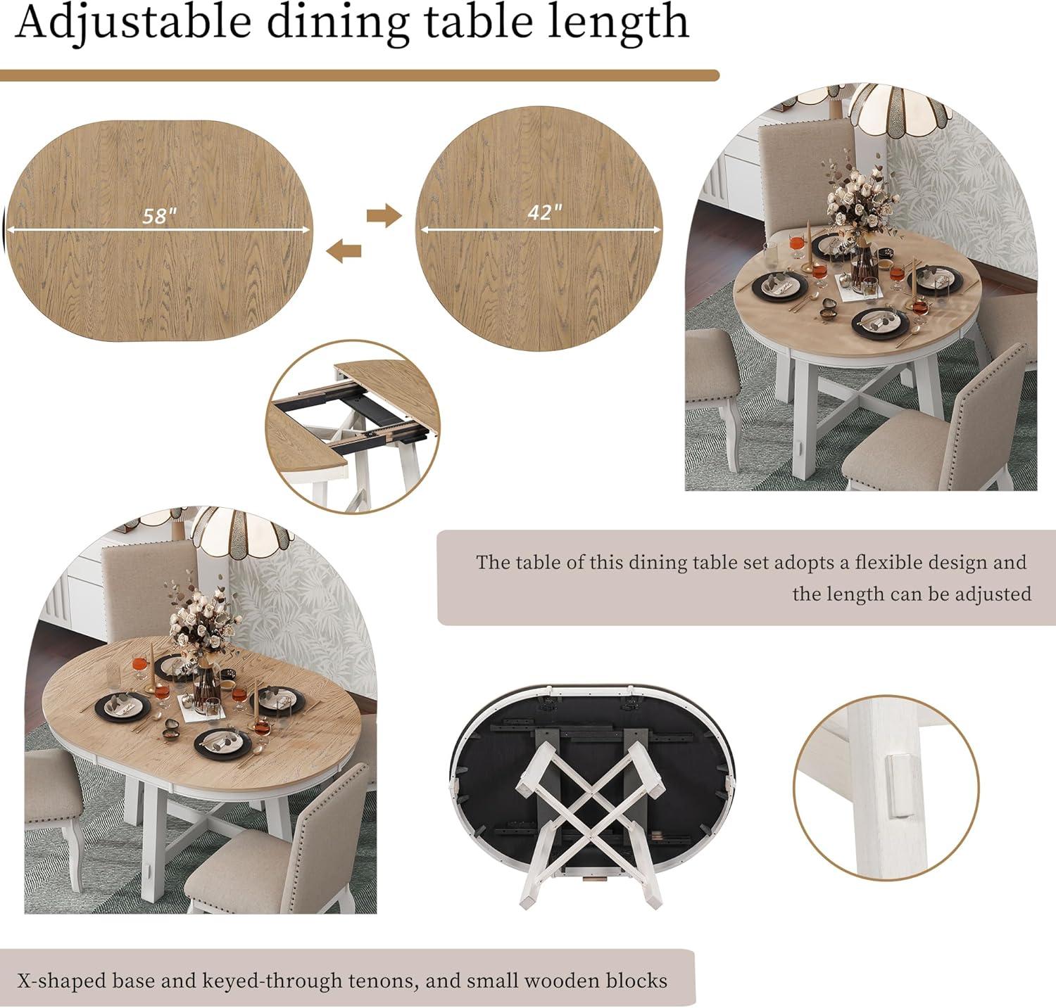 Prehome 5-Piece Farmhouse Dining Table Set Wood Round Extendable Dining Table and 4 Upholstered Dining Chairs (Oak Natural Wood + Antique White)