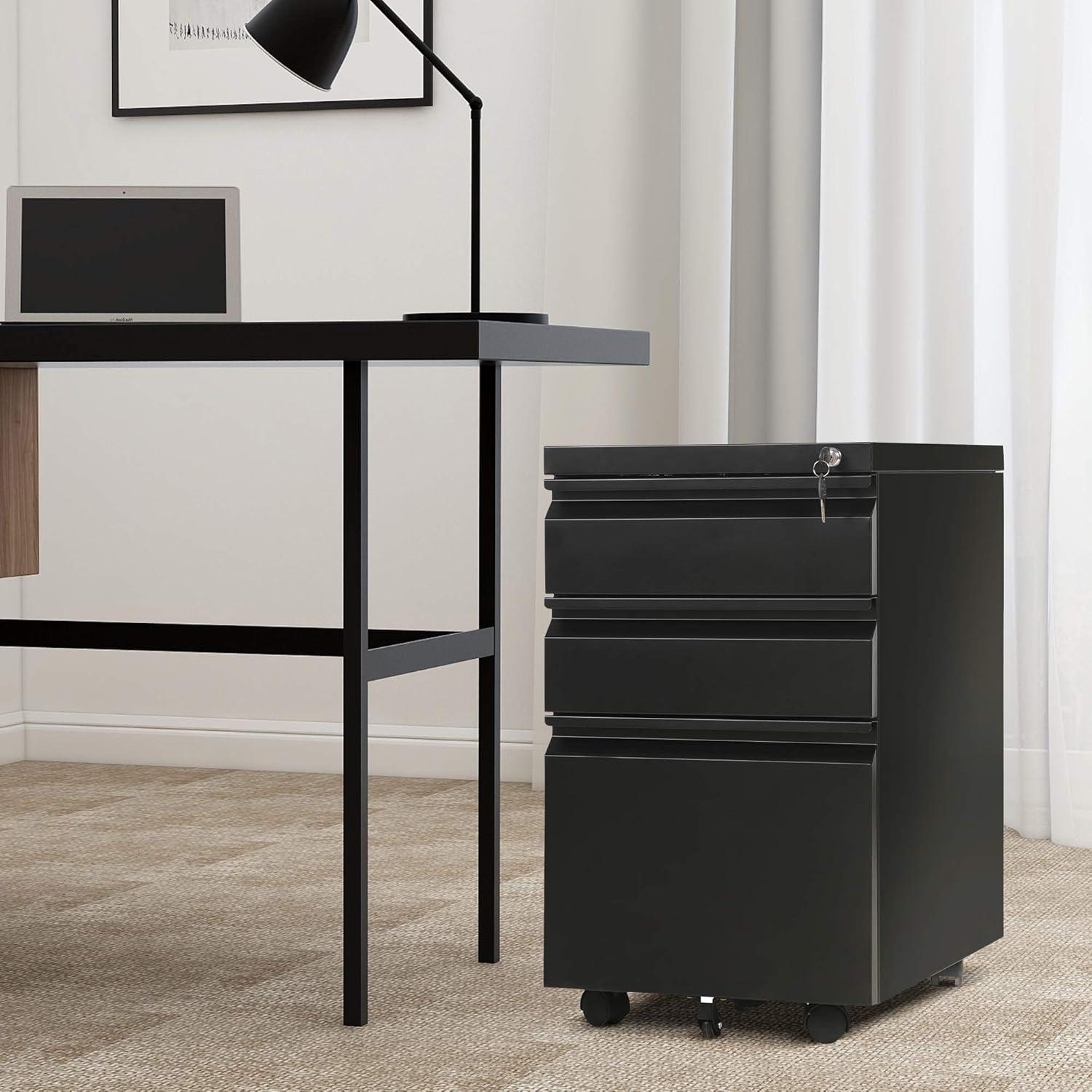 MIIIKO File Cabinet 3 Drawers on Wheels Under Desk, Black Metal Rolling File Cabinets with Lock for Home Office, Un-Assembled Filing Cabinet with Lock