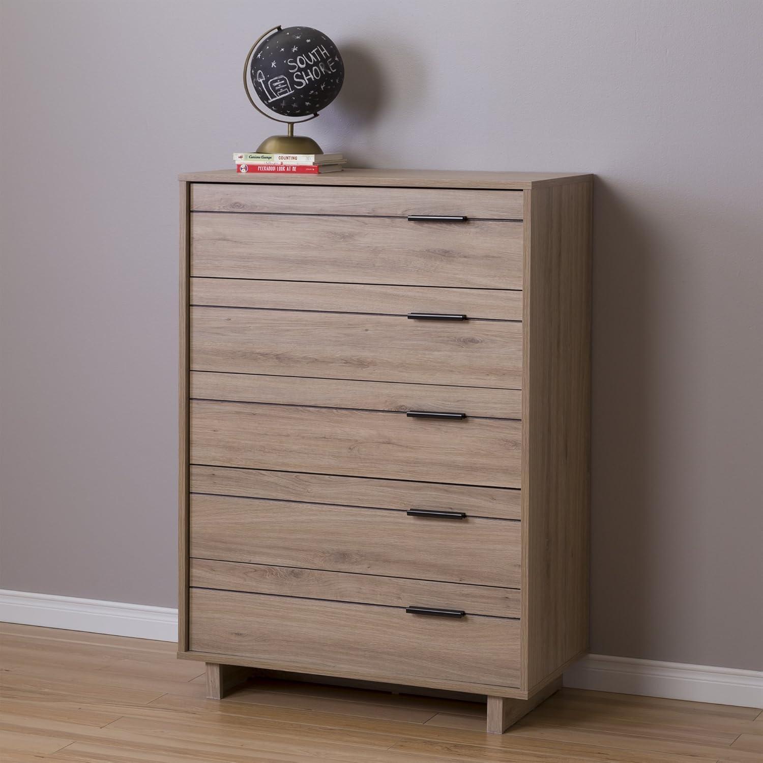 Fynn 5 Drawer Kids' Chest Rustic Oak - South Shore: Tall Dresser for Bedroom, Vertical Dressers, Farmhouse Style