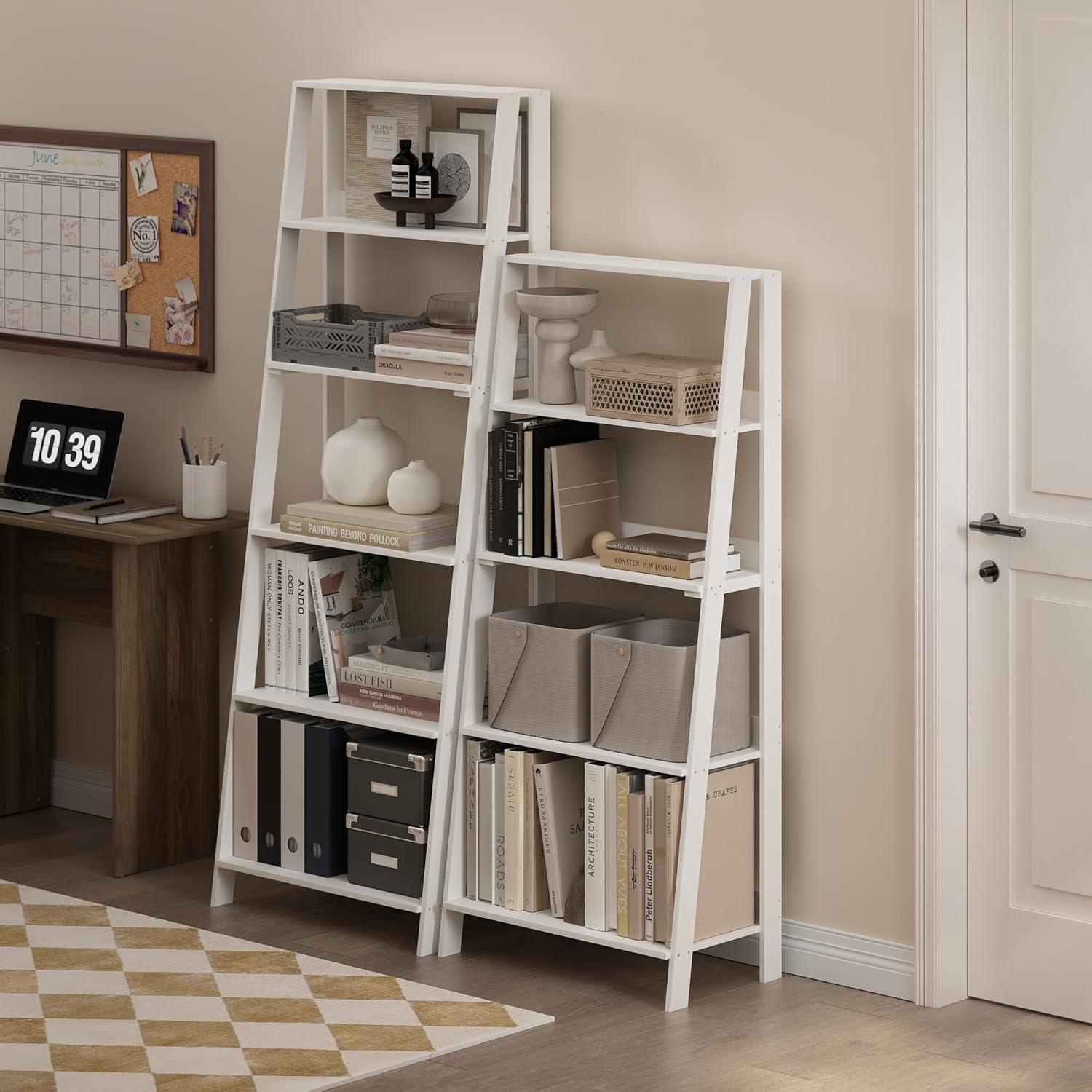 Furinno Ladder Bookcase Display Shelf, 5-Tier, White