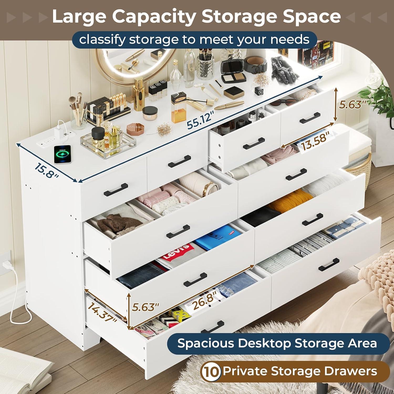10 Drawers Dresser for Bedroom, Chest of Drawers with Charging Station, Bedroom Storage Organizer, White