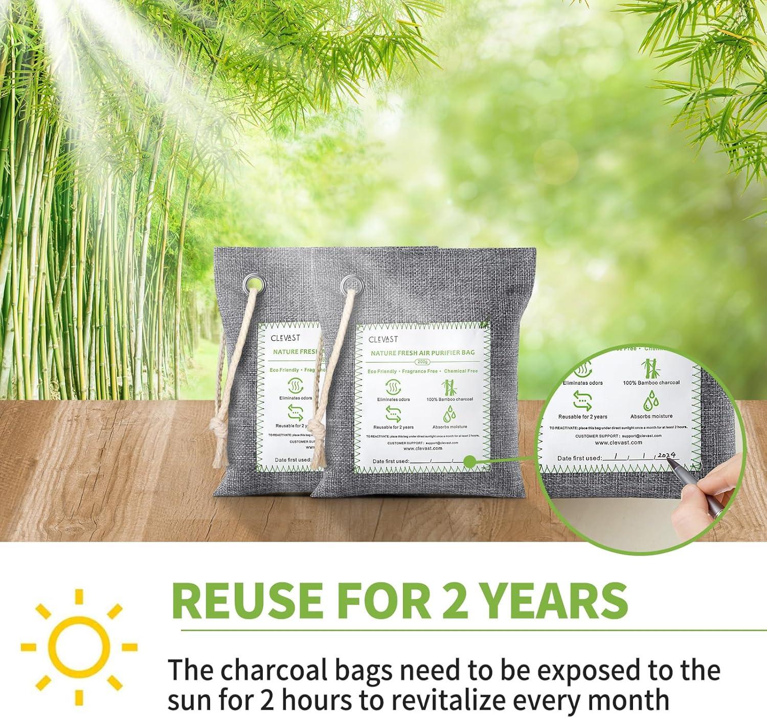 CLEVAST Charcoal Air Purifying Bags (4×200g), Removes Odors and Moisture, Nature Fresh Air Purifier Bags, Odor Eliminator for Home, Car, Pets, Bathroom, Basement