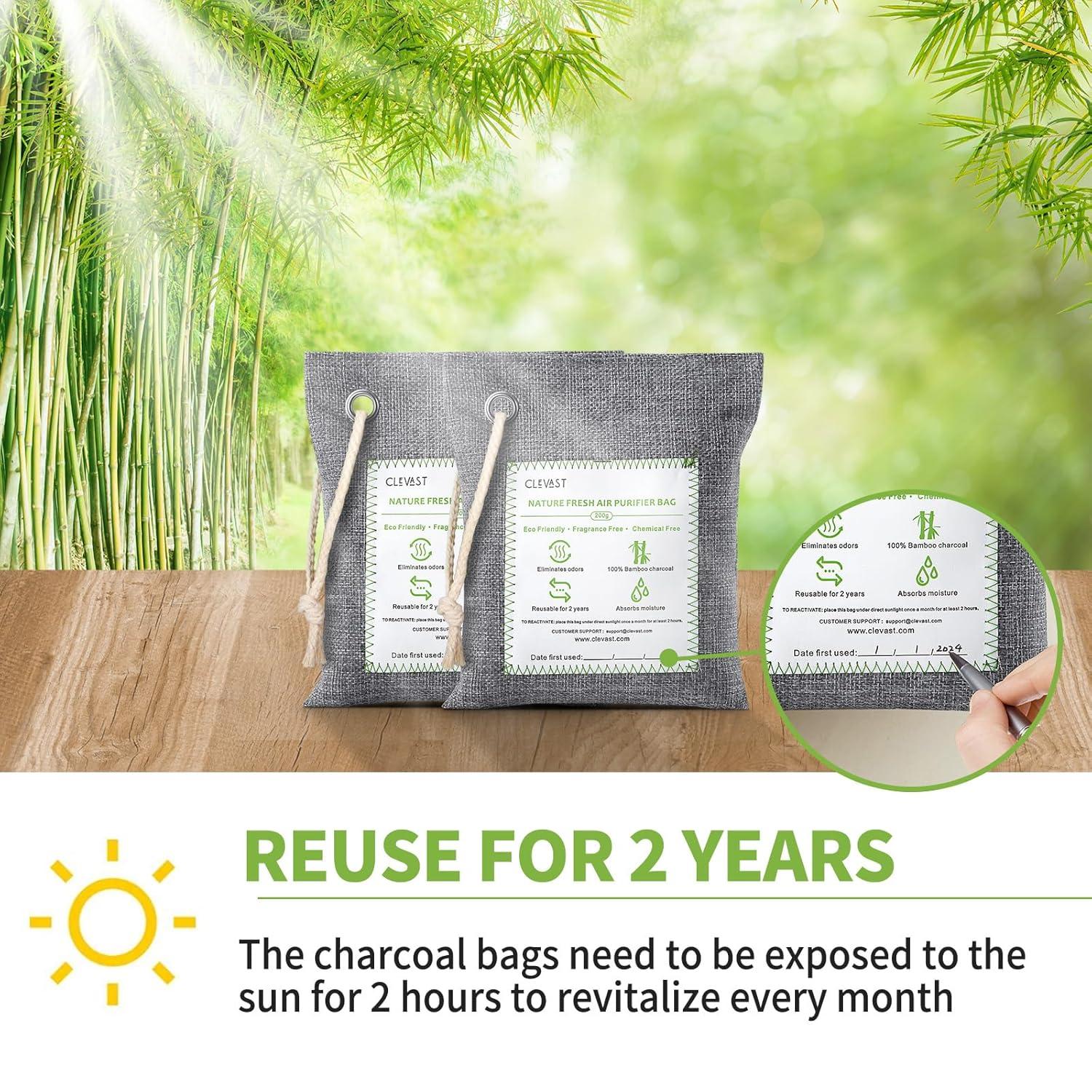 CLEVAST Charcoal Air Purifying Bags (4×200g), Removes Odors and Moisture, Nature Fresh Air Purifier Bags, Odor Eliminator for Home, Car, Pets, Bathroom, Basement