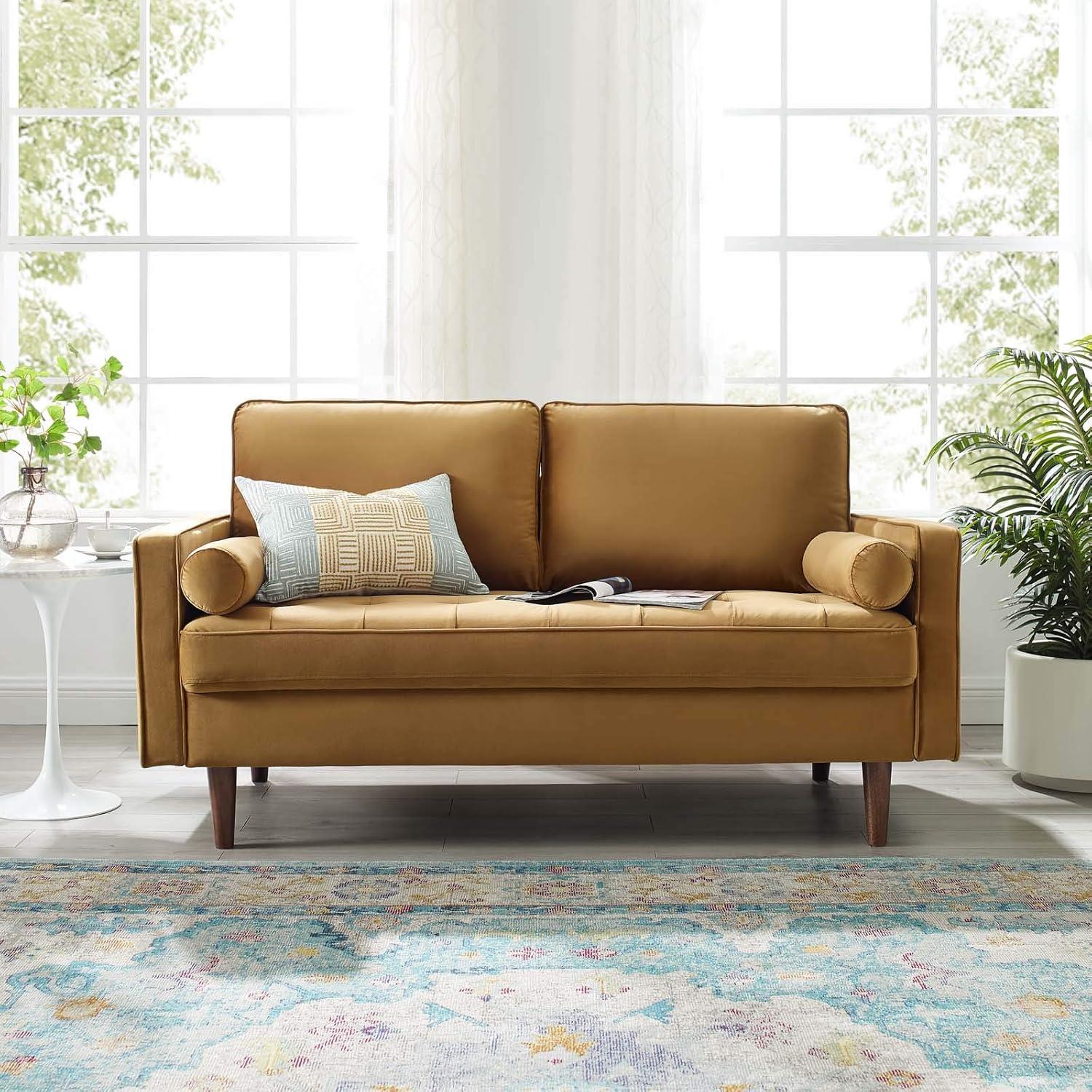 Modway Valour Modern Performance Velvet Loveseat in Cognac Brown/Walnut