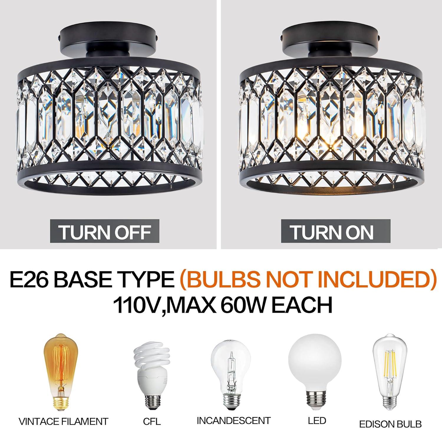 Crystal Ceiling Light Fixture, Modern Semi Flush Mount Ceiling Light,Crystal Chandelier for Kitchen Bedroom Bathroom Entryway Black (Bulb not Included)