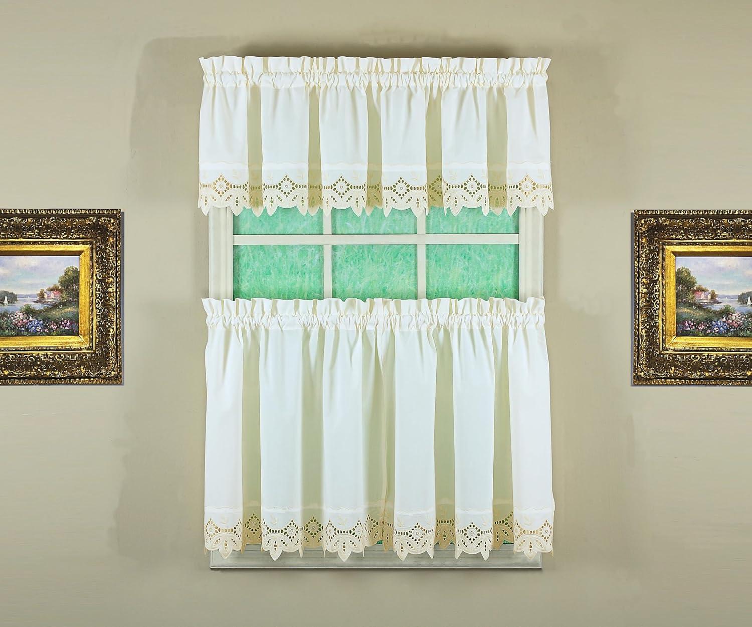 Ecru Cotton Polyester Sheer Lace Detail Tier Curtains