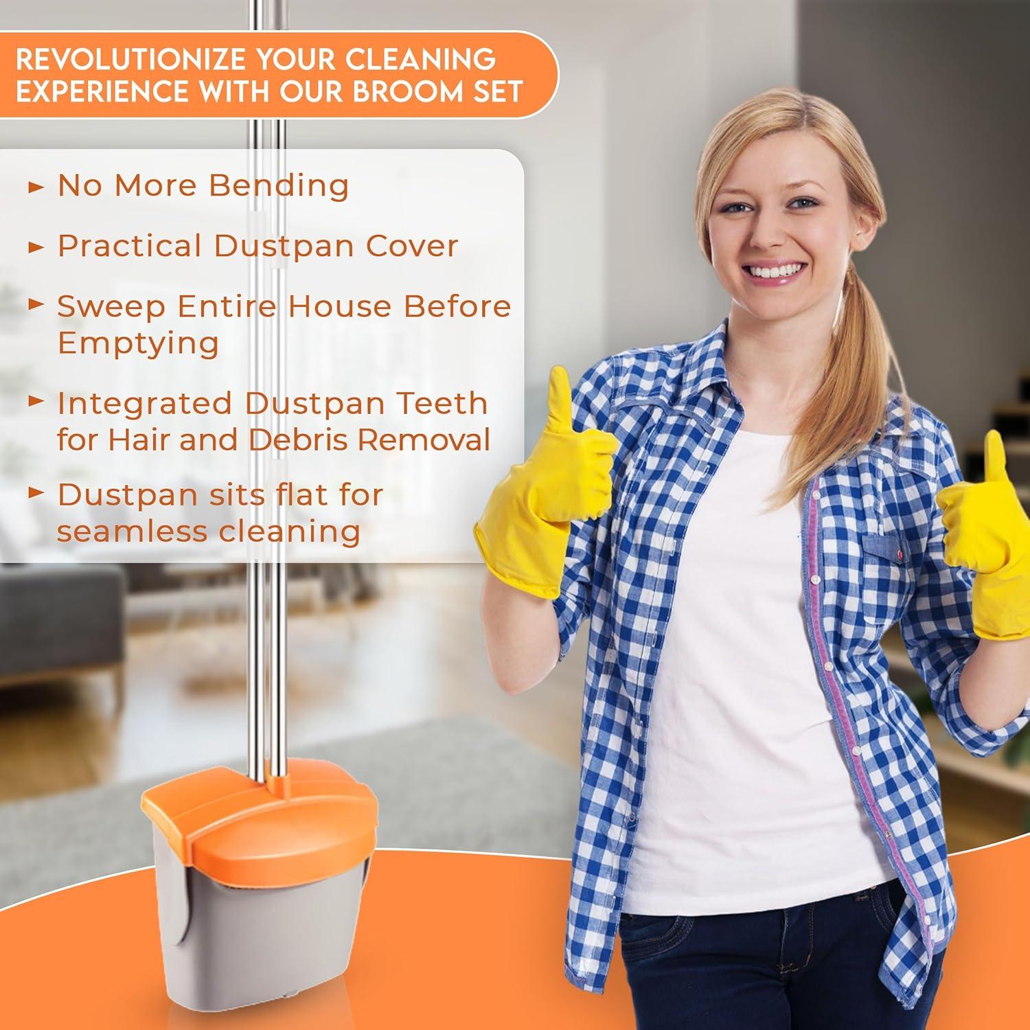 Heavy-Duty Broom and Dustpan Set for Outdoor Broom and Dust pan for Home Commercial Cleaning Supplies Angle Broom with Long Handle Perfect for Courtyard Garage Lobby Mall Market Street, B6