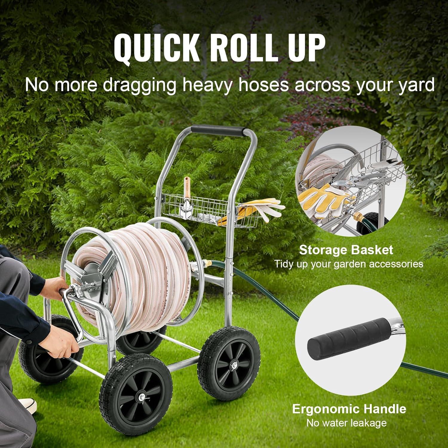 Heavy Duty Silver Steel Garden Hose Reel Cart with Storage Basket