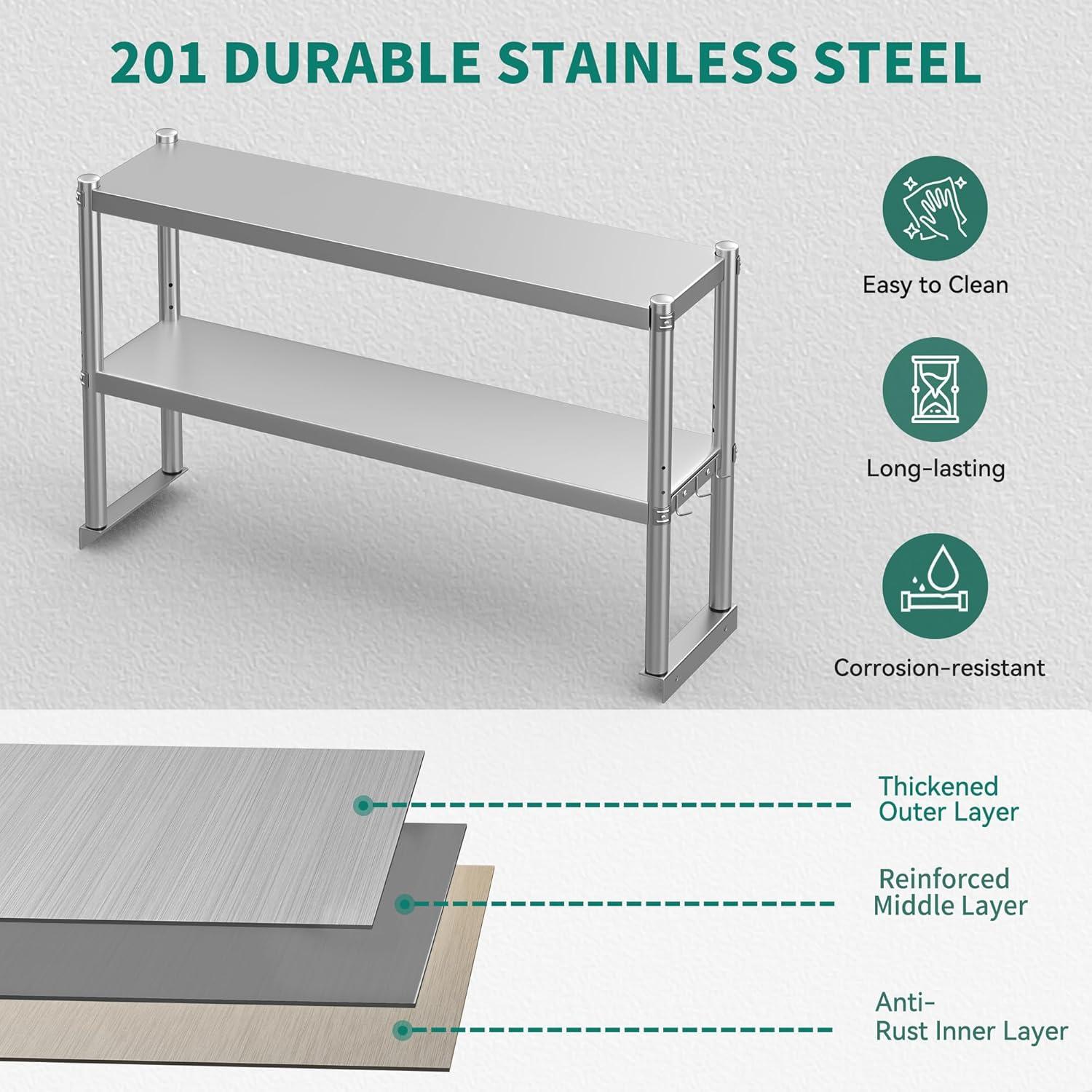 Adjustable Stainless Steel Double Tier Overshelf for Kitchen Prep Table