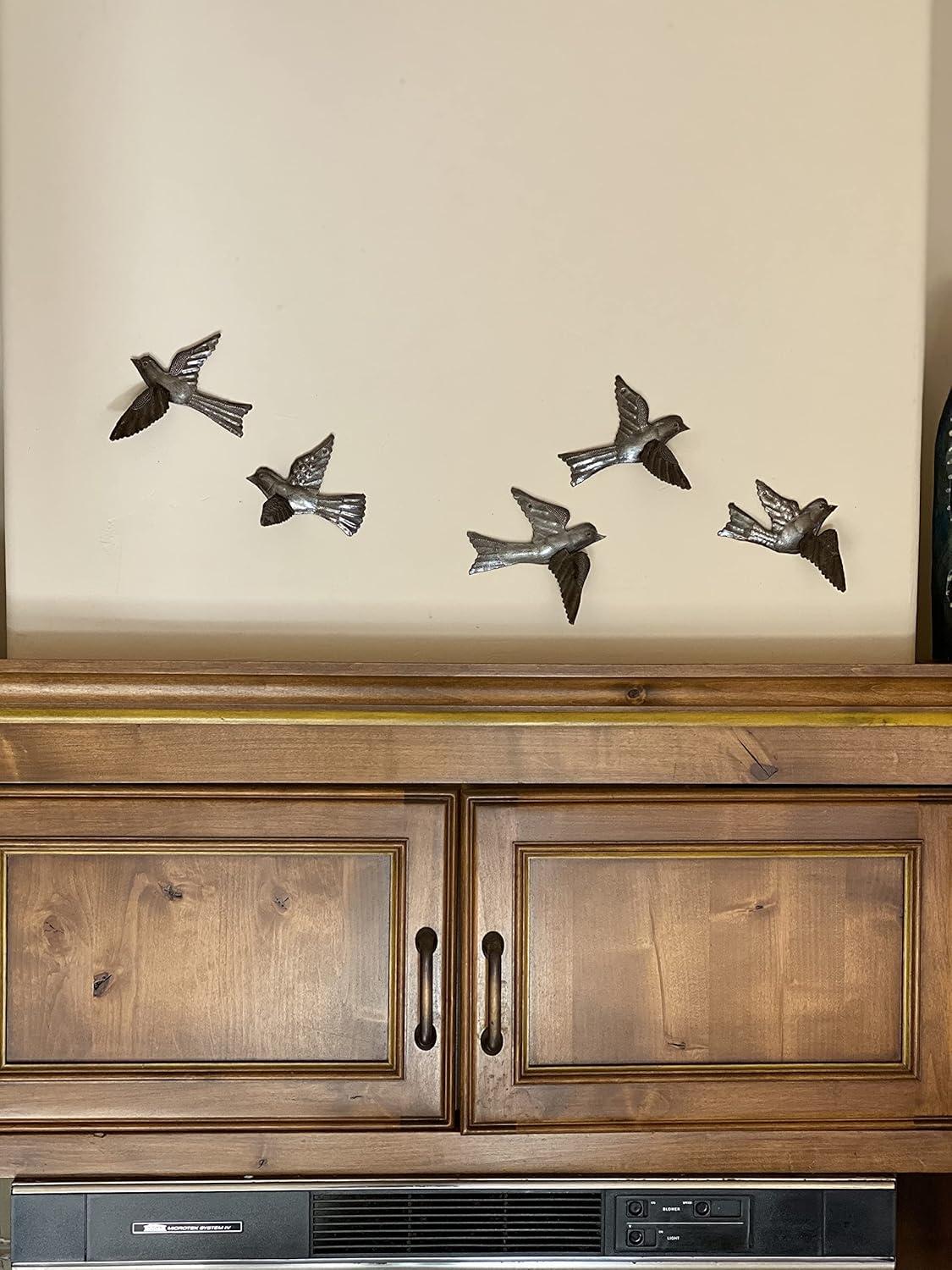 Handmade Metal Birds Wall Art with 3D Wings, Set of 5