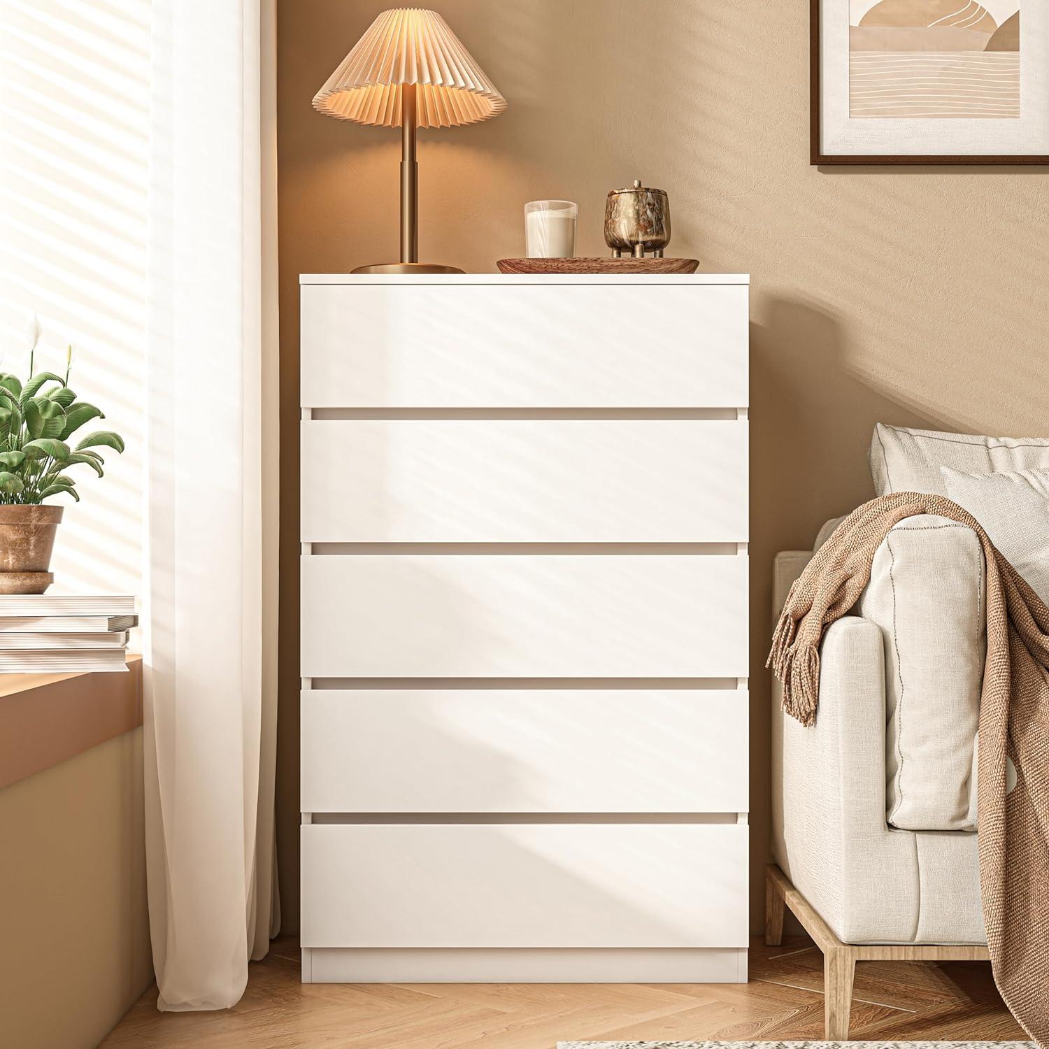 White Dresser for Bedroom with 5 Drawers, Tall Wood Drawer Dresser & Chest of Drawers for Closet, Living Room Hallway Kids Bedroom