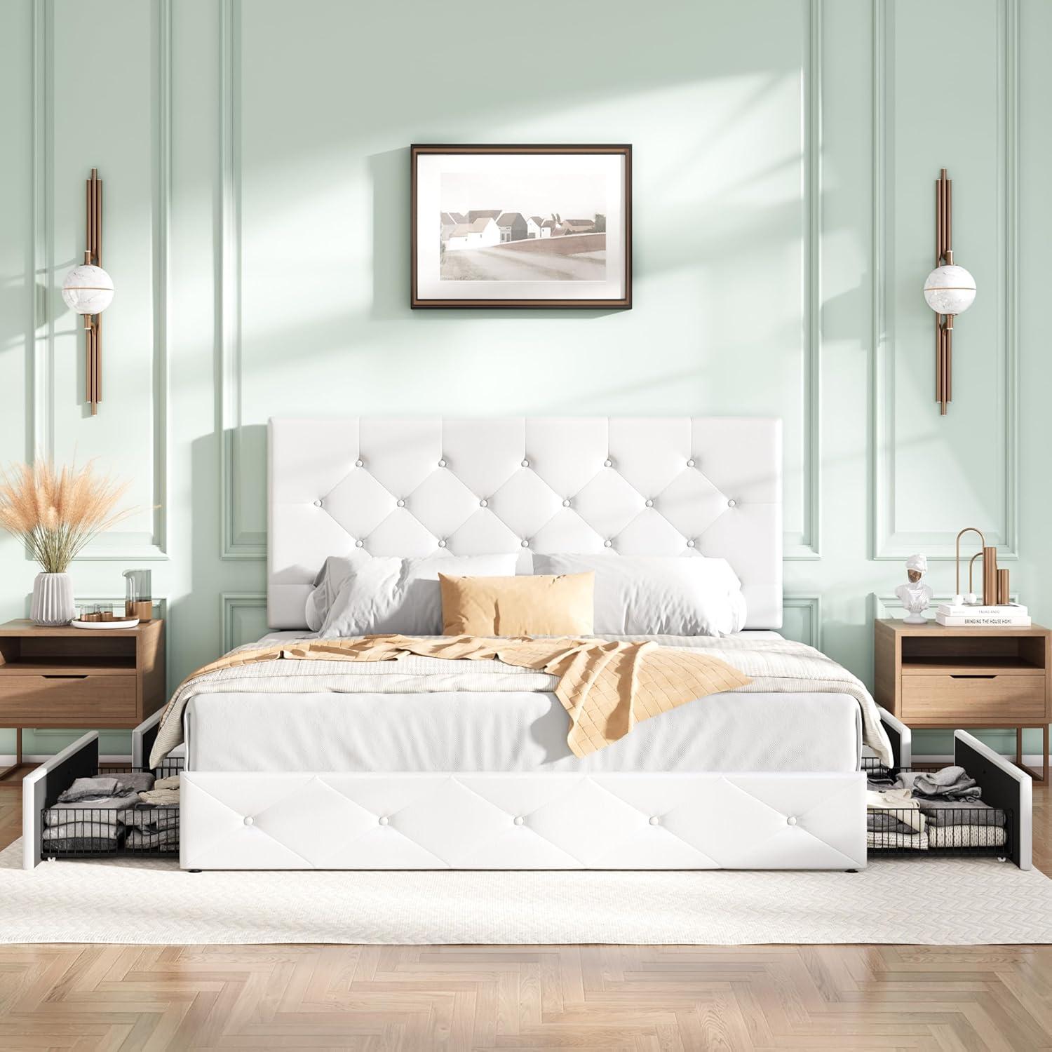 White Full Upholstered Platform Bed with Storage and Tufted Headboard