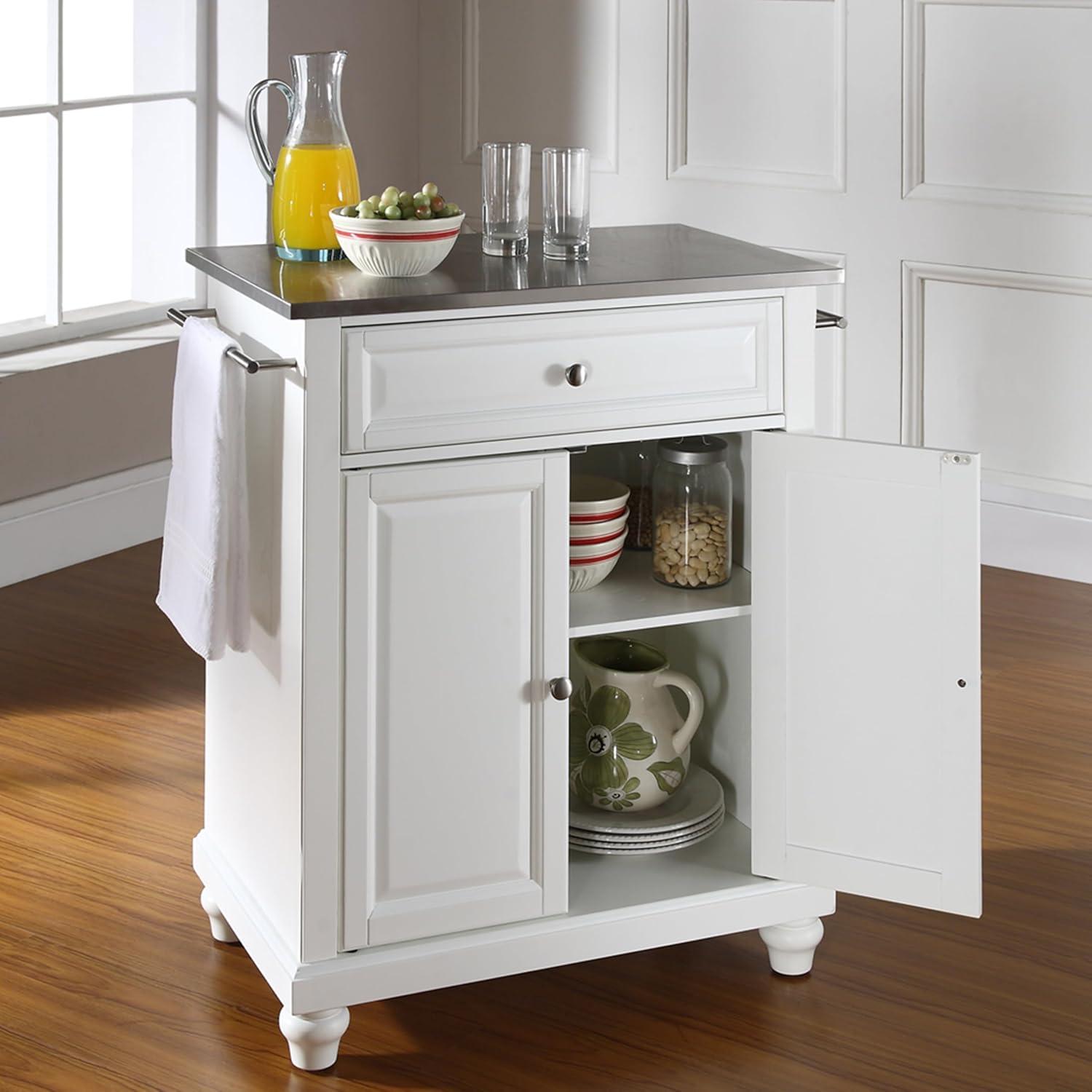 Cambridge Stainless Steel Top Portable Kitchen Island - White - Crosley: Hardwood Frame, Adjustable Shelves