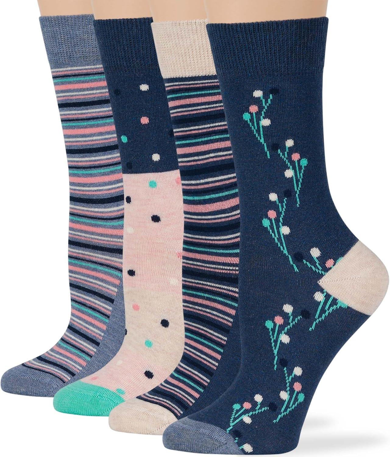 Women's Multicolor Cotton Crew Socks - 4 Pack, Size 5-9