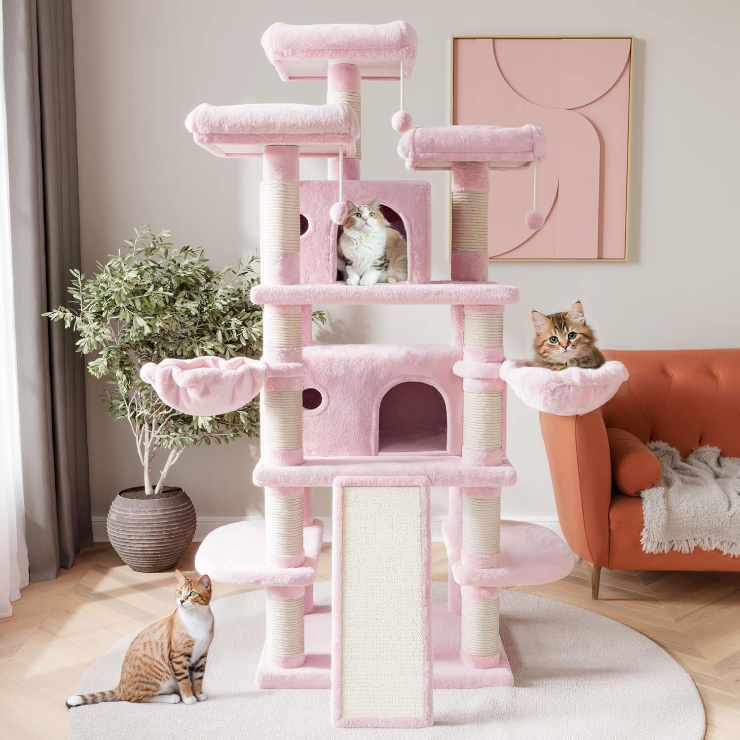 Pink Multi-Level Large Cat Tree with Sisal Scratching Posts and Cozy Perches