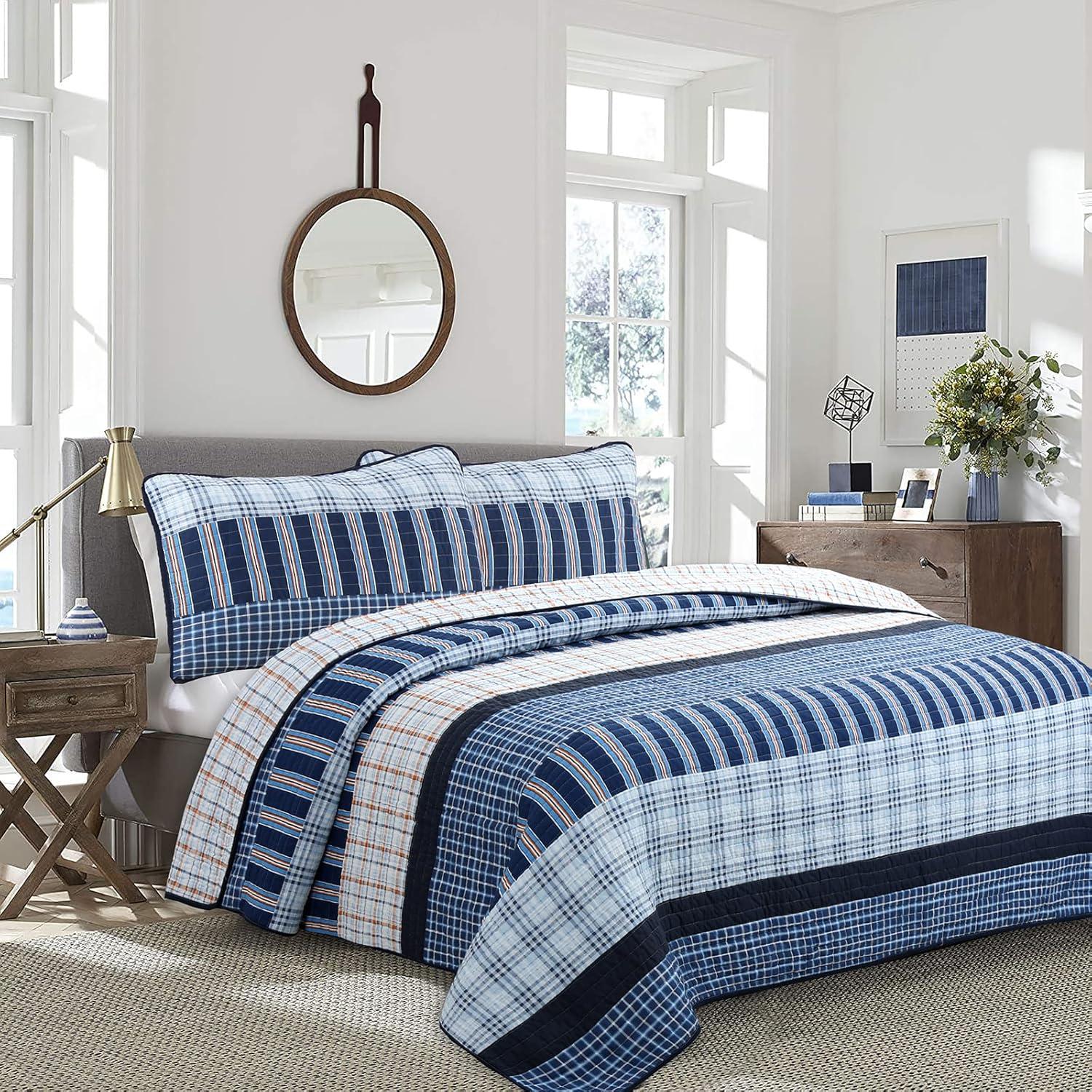 Chambray Stripe Farmhouse / Country Cotton Plaid Quilt Set