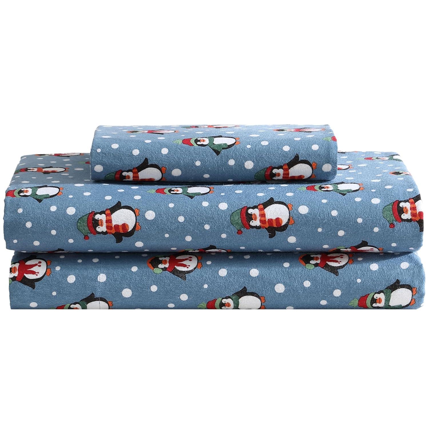 Winter Nights Cotton Flannel Sheet Set, Twin, Penguins