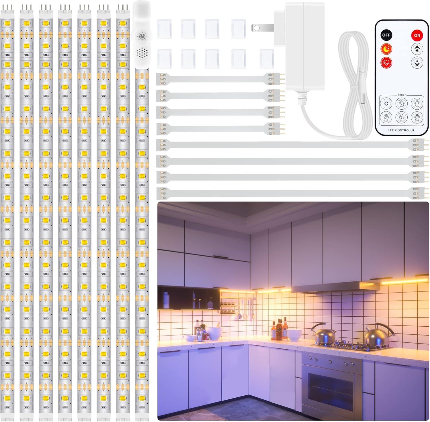 Led Under Cabinet Lighting Kit, 8 PCS Warm White Flexible Led Strip Lights with RF Remote and Power Adapter, for Kitchen Cabinet Shelf Desk Counter Corner, 8 Strips with Connecting Wires, 27