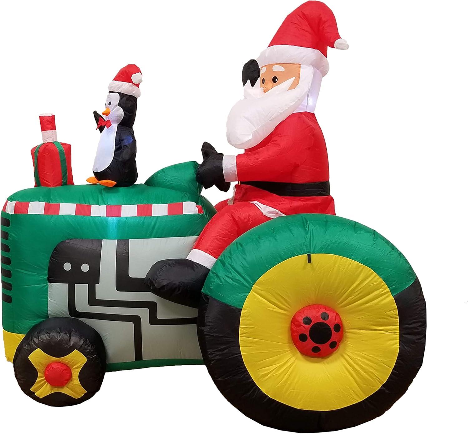 5.3 Foot Inflatable Santa Claus on Tractor with Penguin and LED Lights