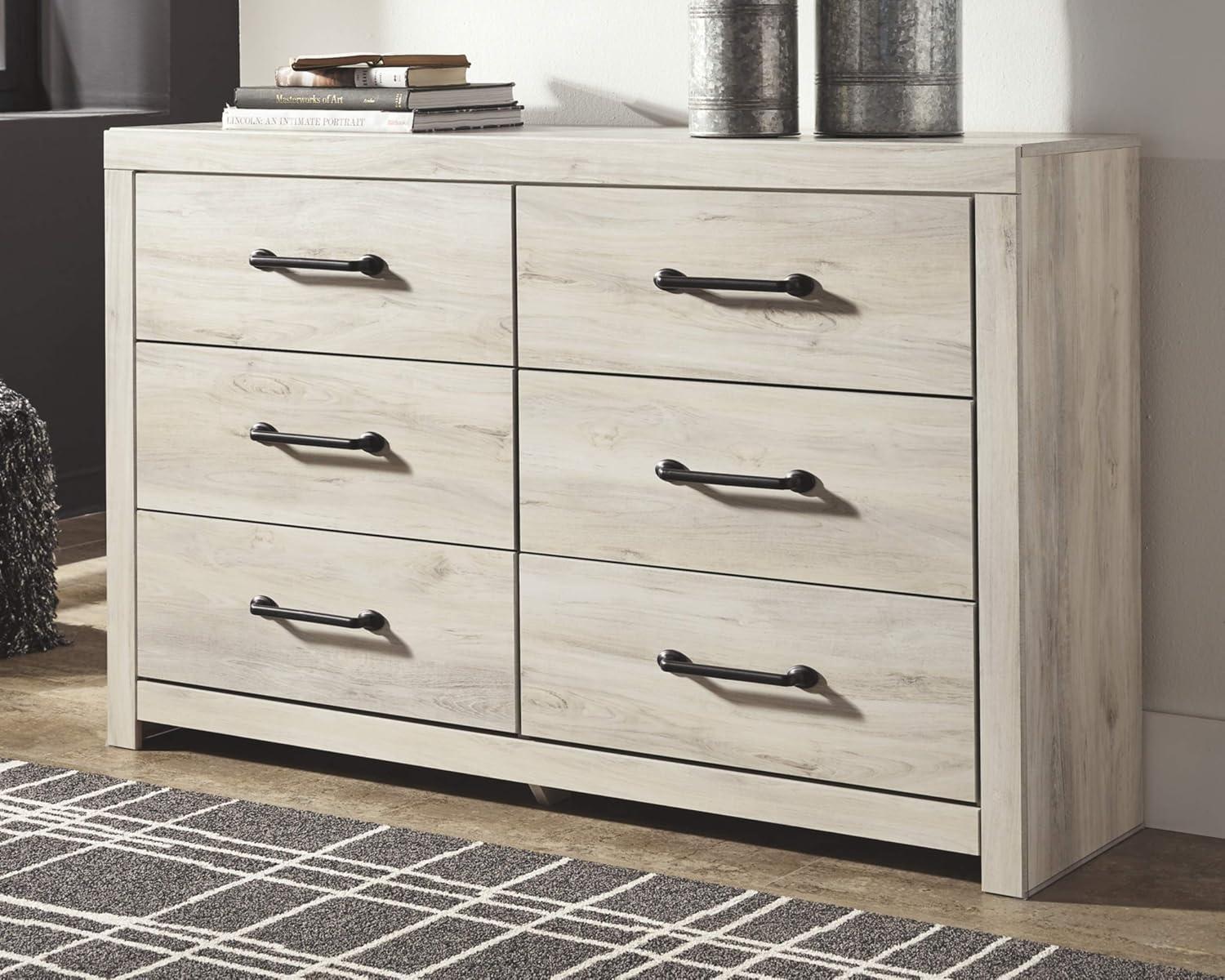 Whitewash Farmhouse 6-Drawer Dresser with Black Handles