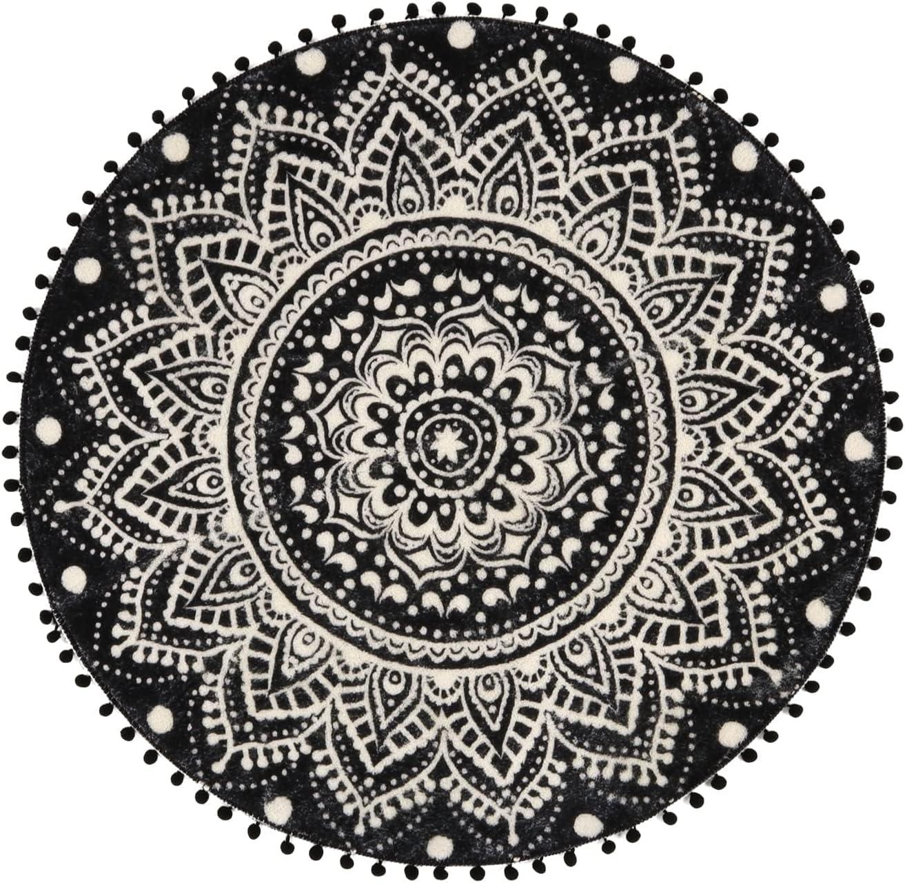 Black and White Round Boho Mandala Tufted Rug with Pom Poms