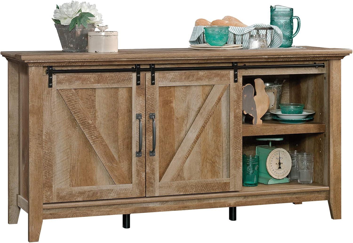 Dakota Pass TV Stand for TVs up to 70" Dark Brown - Sauder: Craftsman Oak Finish, Sliding Doors, Adjustable Storage