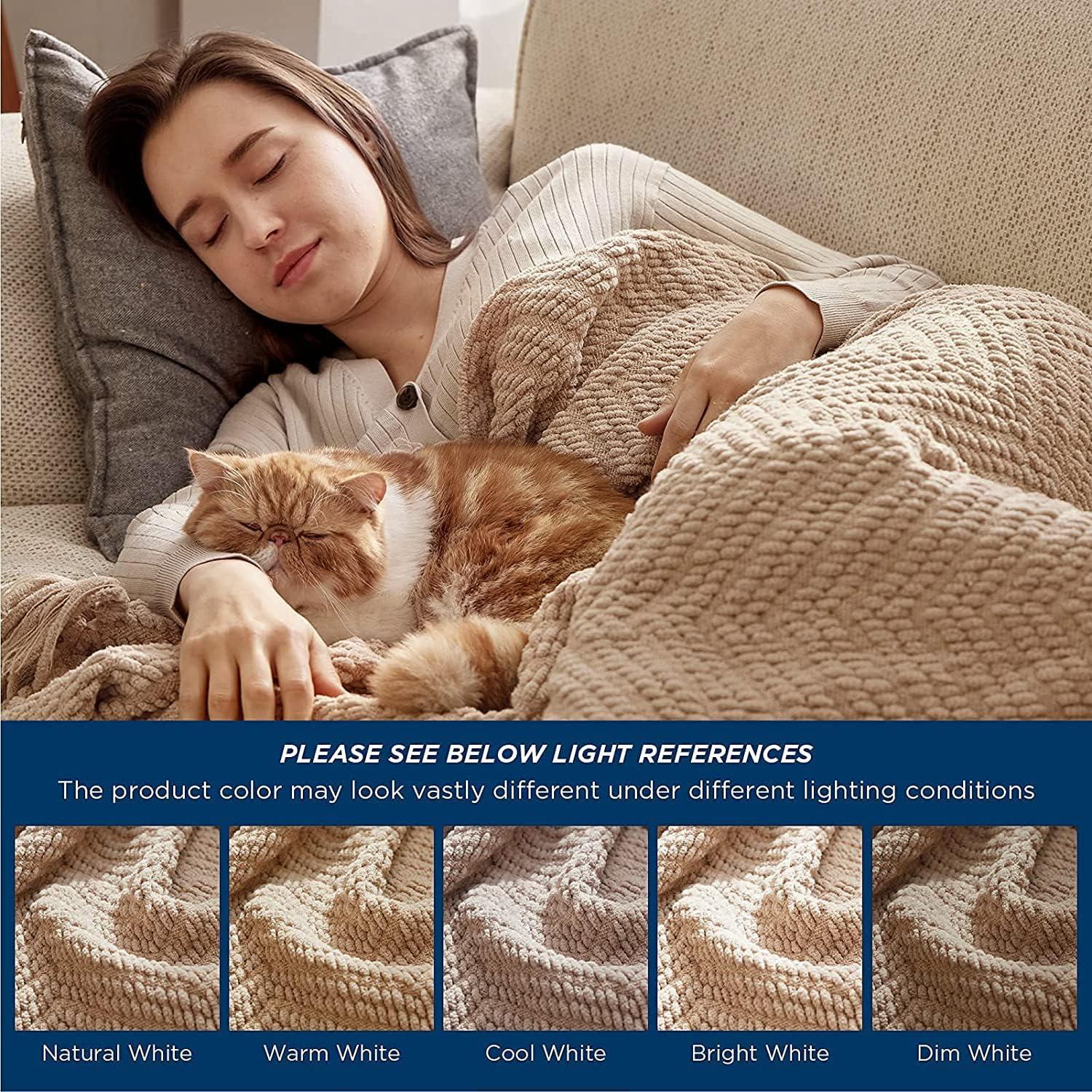 Bedsure Throw Blankets for Couch - Textured Chunky Knit Woven Chenille Blanket - Super Soft, Warm Decorative Boho Throw with Tassels for Bed, Sofa and Living Room Decor, Khaki, 50x60 Inches