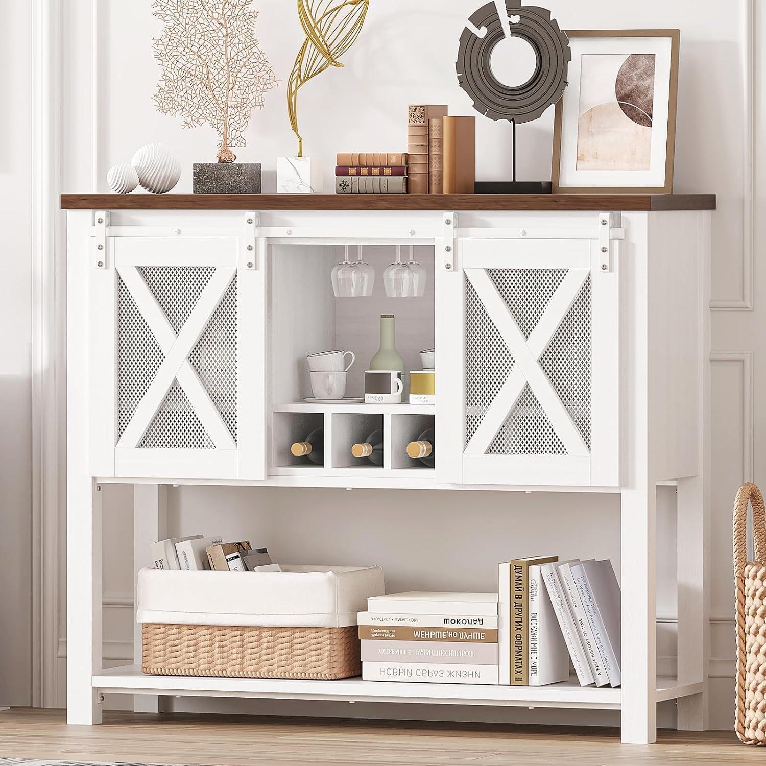 GAOMON Farmhouse Coffee Bar Cabinet with Sliding Barn Doors, Wine Rack, Stemware Holder, and Storage Shelves, Rustic Kitchen Buffet for Living Room or Hallway