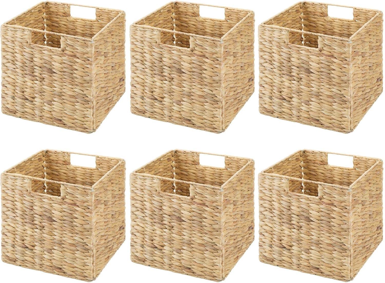 mDesign Hyacinth Woven Cube Bin Basket Organizer, Handles, 6 Pack, Natural/Tan