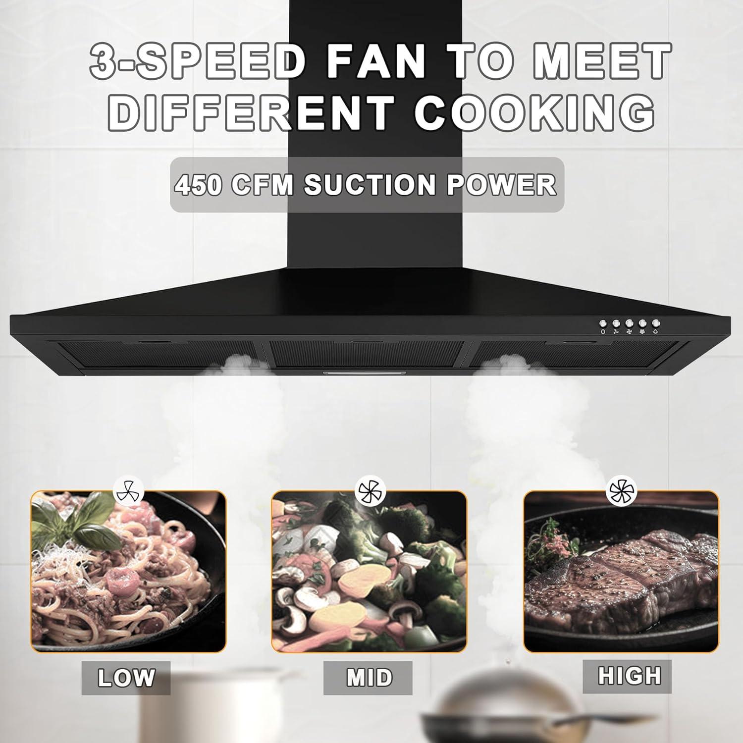 36 Inch Black Range Hood, 450 CFM Stainless Steel Wall Mount Kitchen Hood with Ducted Ductless Convertible, Button Control Over Stove Vent Hood with 3 Speed Noiseless Fan, LED Light (450CFM)