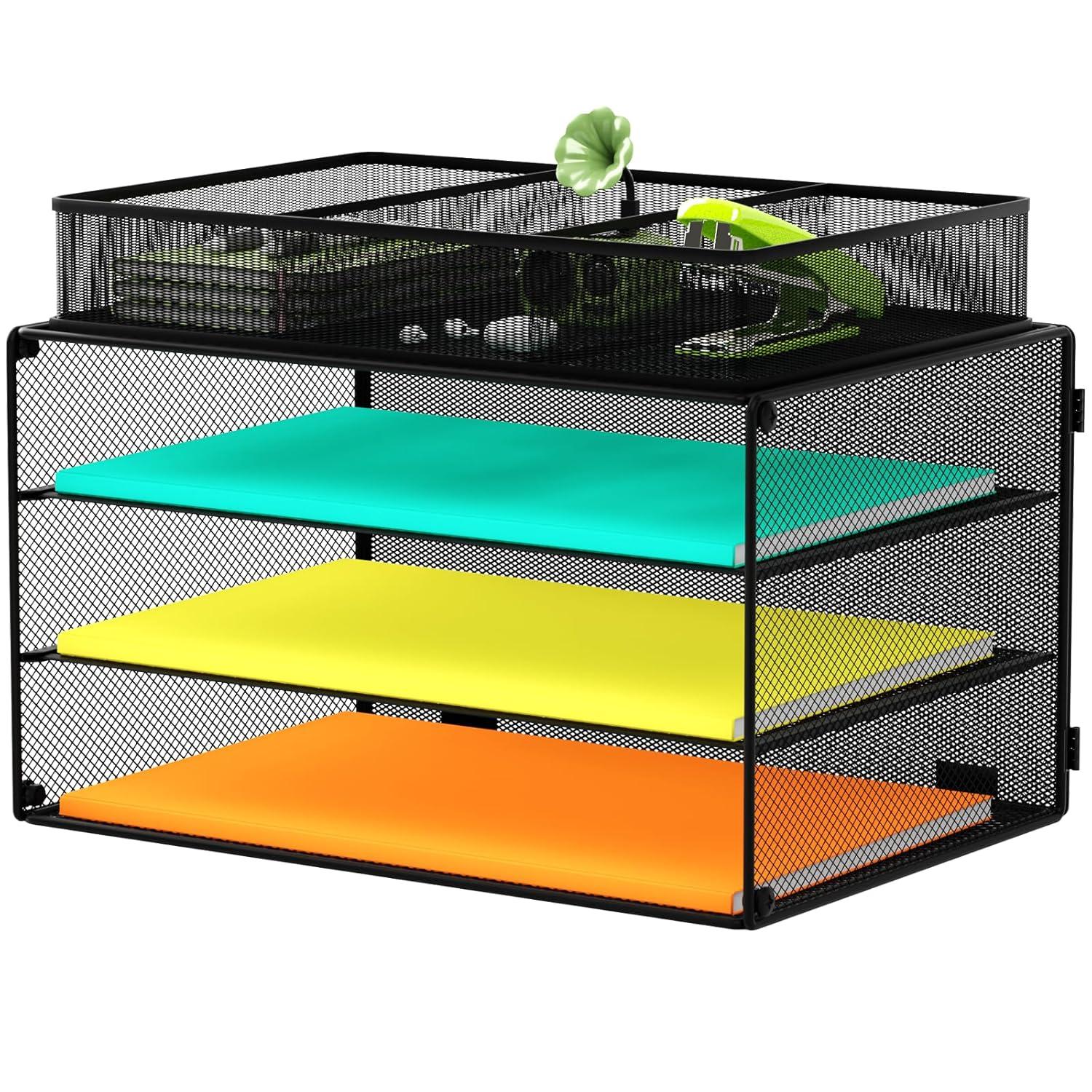 Paper Letter Tray Organizer, 3 Tier Mesh File Tray Desktop Paper Sorter with Drawer, Black