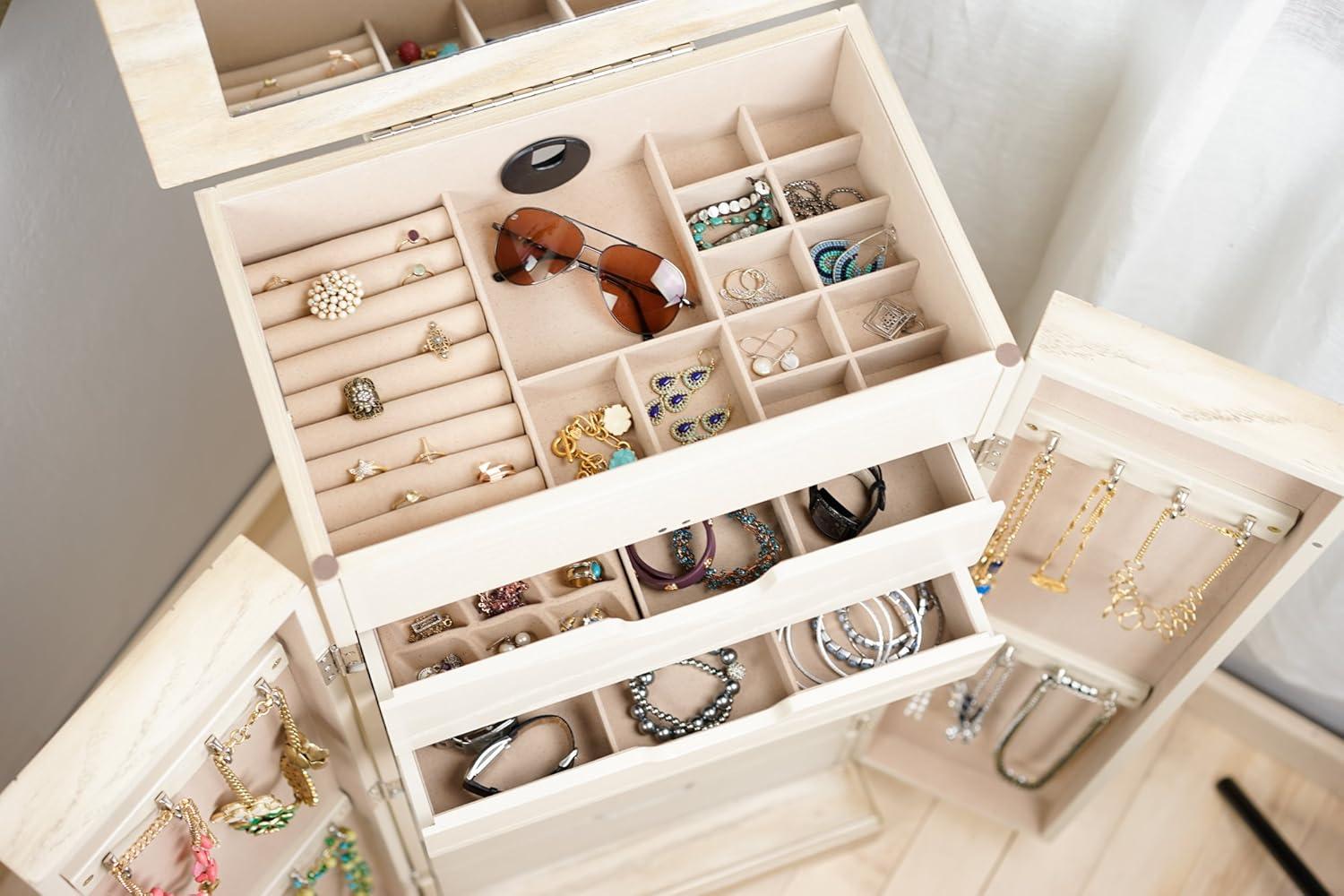 Hives & Honey Meadow Standing Jewelry Armoire Cabinet, Jewelry Storage Organizer with Top Flip Mirror, 2 Doors, 7 Drawers, Jewelry Chest, Jewelry Box for Necklace, Earring, Bracelet, Taupe