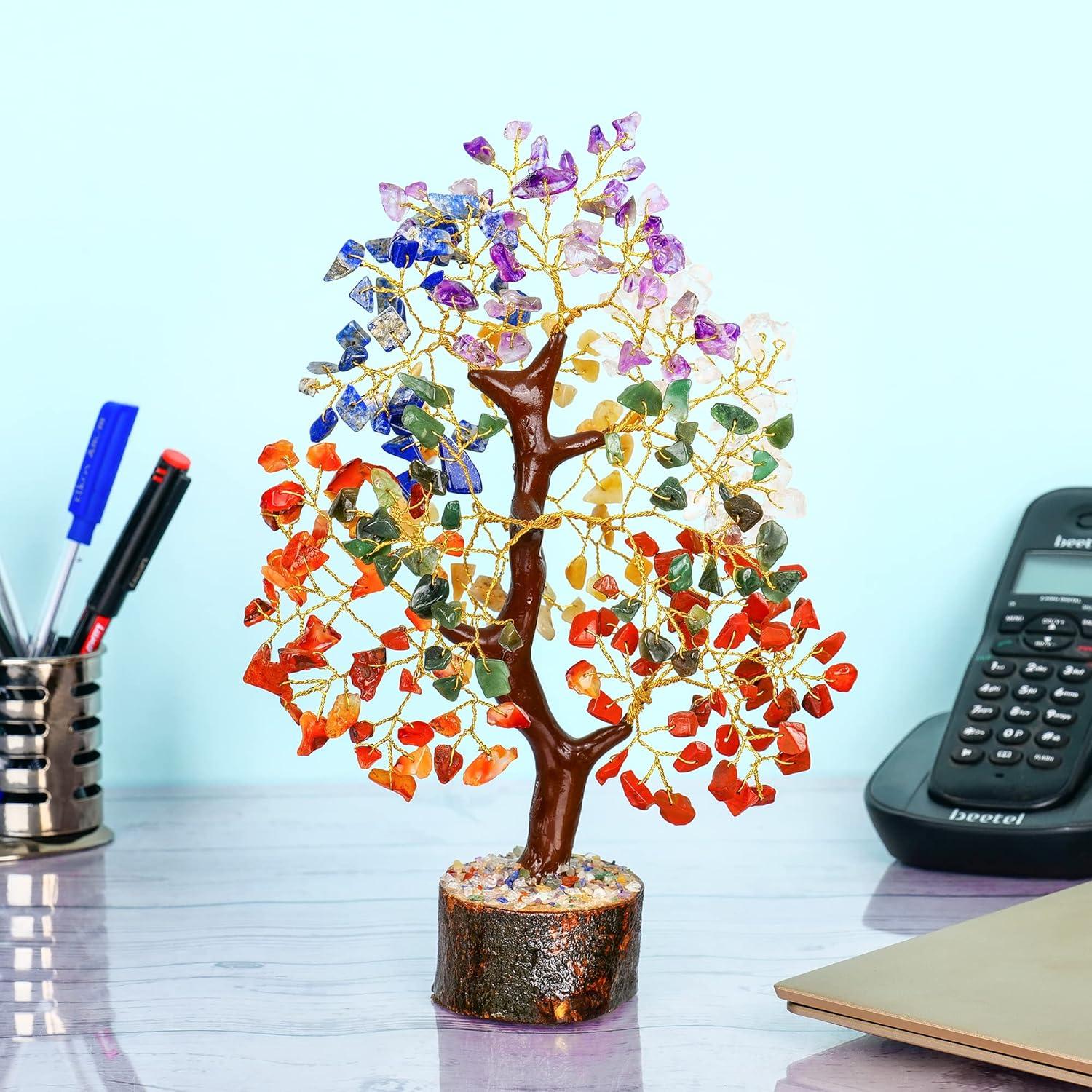 Multicolor Crystal Chakra Tree with Golden Wire