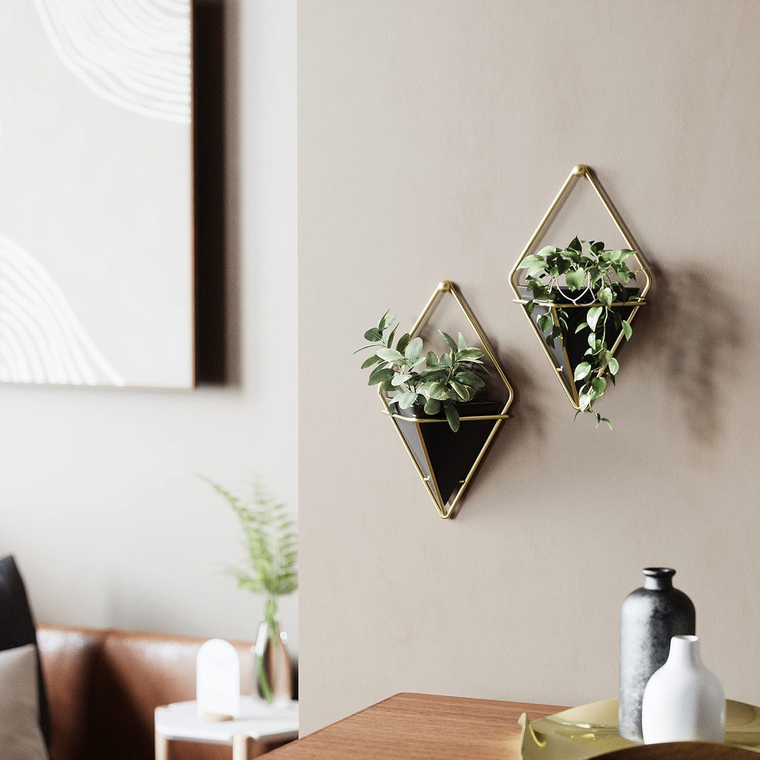 Small Black and Brass Geometric Hanging Planter Set