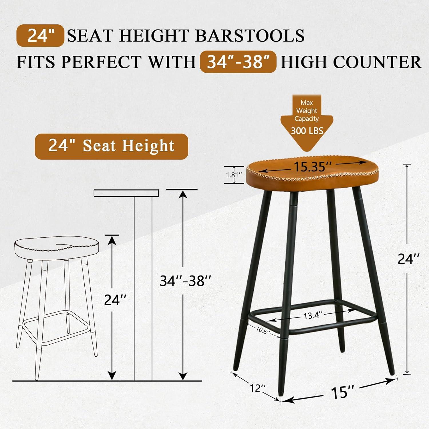 Adjustable Brown Faux Leather Saddle Bar Stools with Metal Legs