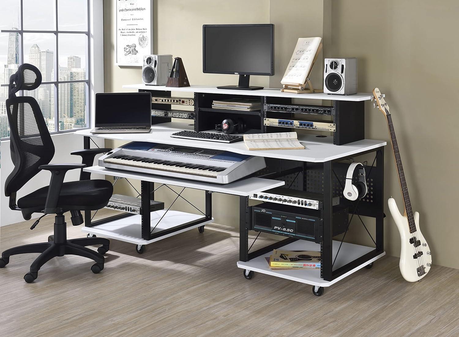 72" Megara Desks White and Black Finish - Acme Furniture: Metal Frame, Wood Surface, Open Storage Shelf