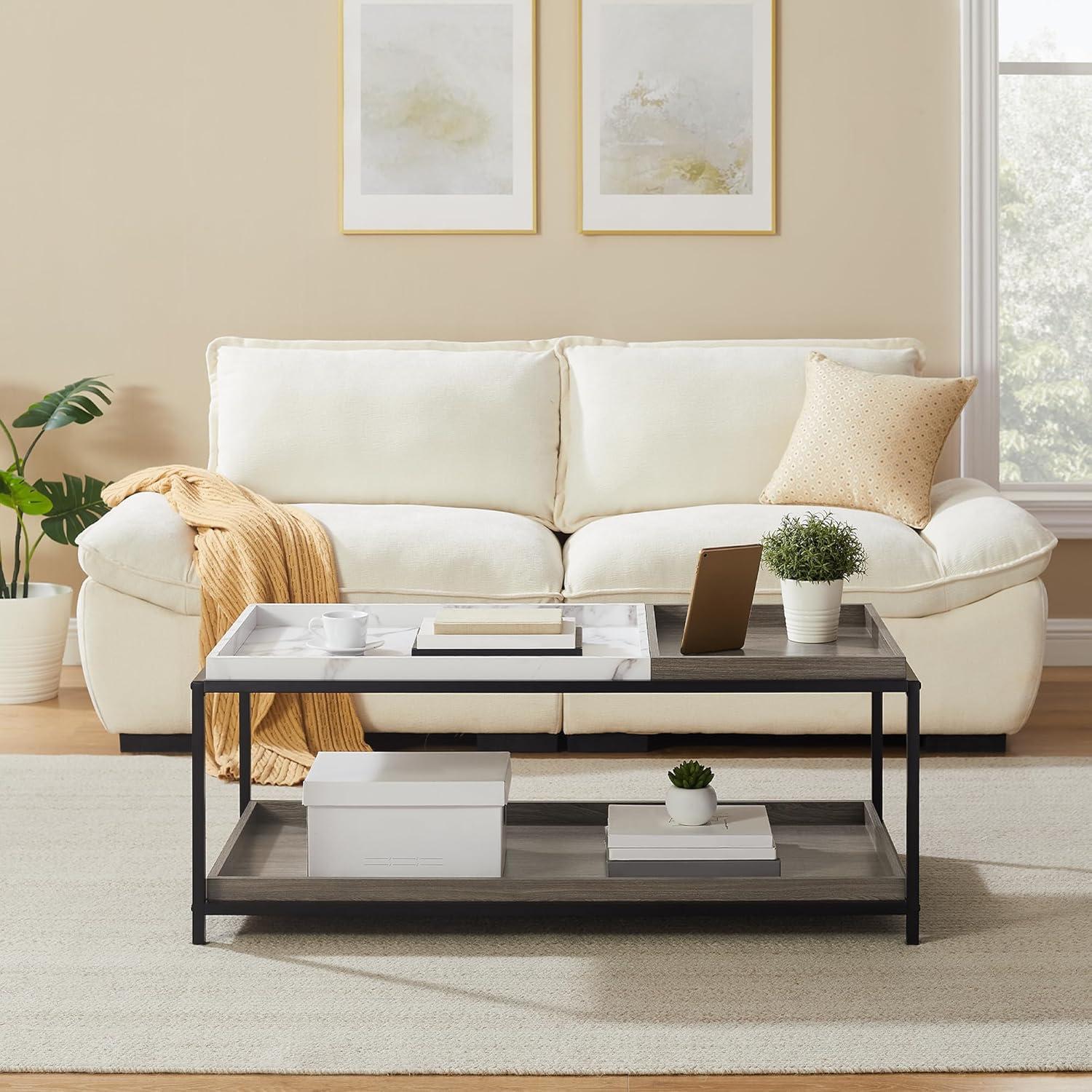 Convertible Entertaining Coffee Table - Faux Marble Coffee Table with 2 Removable Trays, 47 Living Room Table, Modern Coffee Table, Walnut Coffee Table