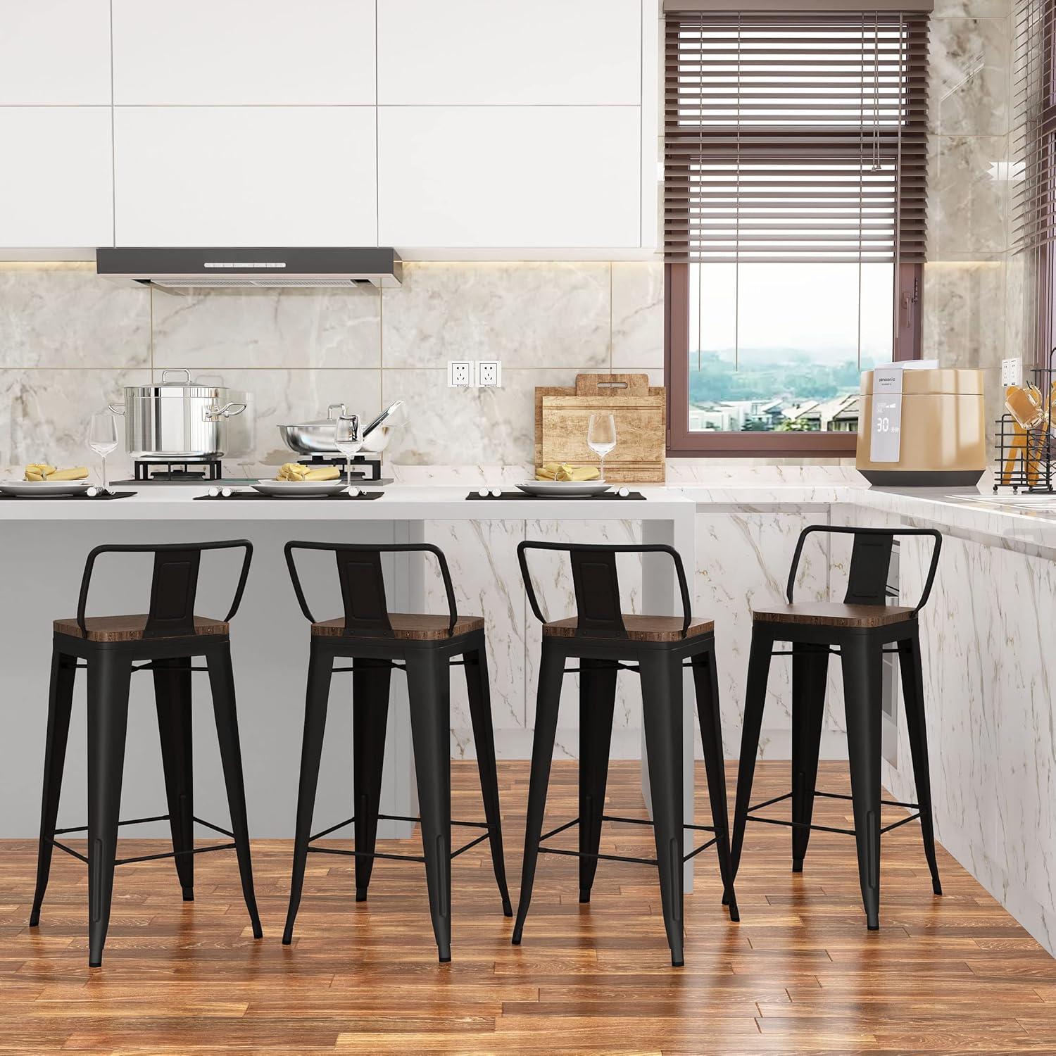 Killeryuki 24'' Metal Bar Stool 4PCS Low Back Conuter Stools for Indoor/Outdoor Barstools Metal Black Stools Bar Chairs w/Wooden Seat Metal Leg Industrial Counter Height Stools Black