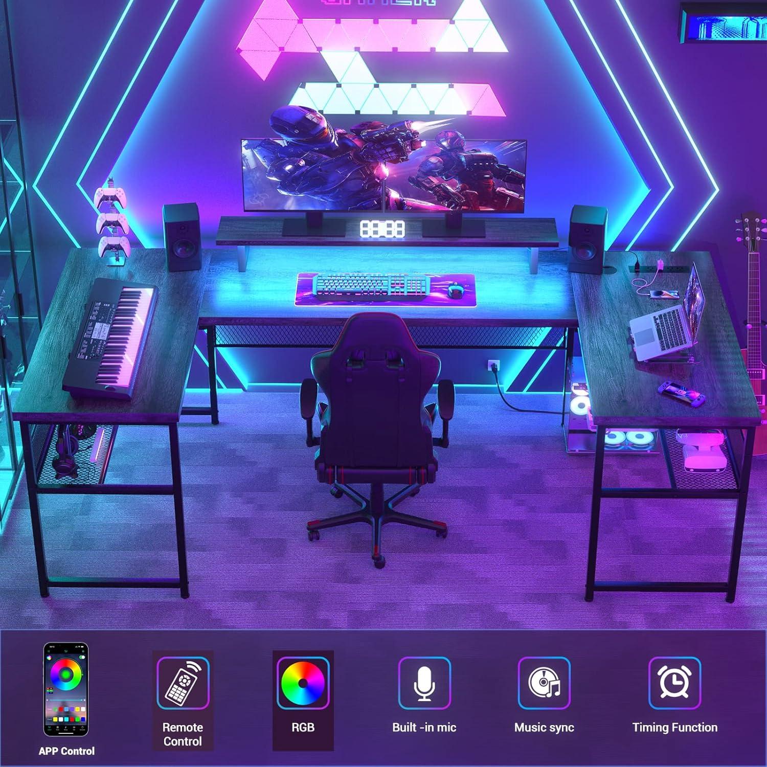 Unikito U Shaped Computer Desk with Power Outlet and LED Strip, Reversible L Shaped Office Desk with Monitor Stand and Bookshelf, Modern U- Shape Corner Desk, 130 Inch 2 Person Gaming Table, White Oak