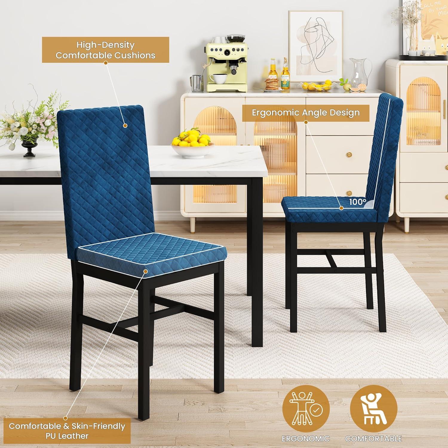 Lamerge Juego de Mesa de Comedor para 4, Juego de Mesa y Sillas de Cocina de 4, Juego de Mesa de Comedor de Mármol Sintético con 4 Sillas Tapizadas de Terciopelo para la Cocina Del Hogar, Blanco y Azul