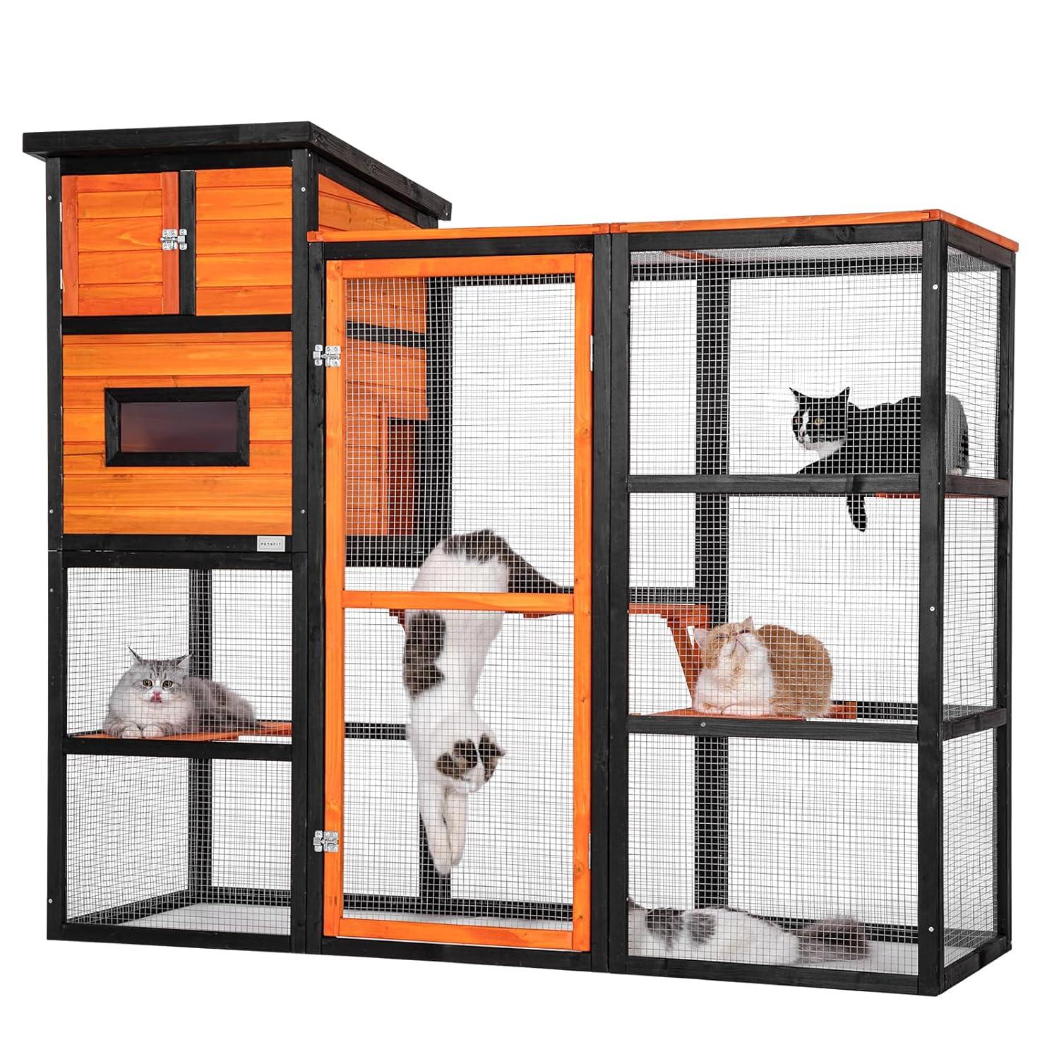PETSFIT Outdoor Cat Catio 4 Tries, 2 Resting Room, 4 Platforms and Waterproof Roof, Outdoor Cat House ,Orange