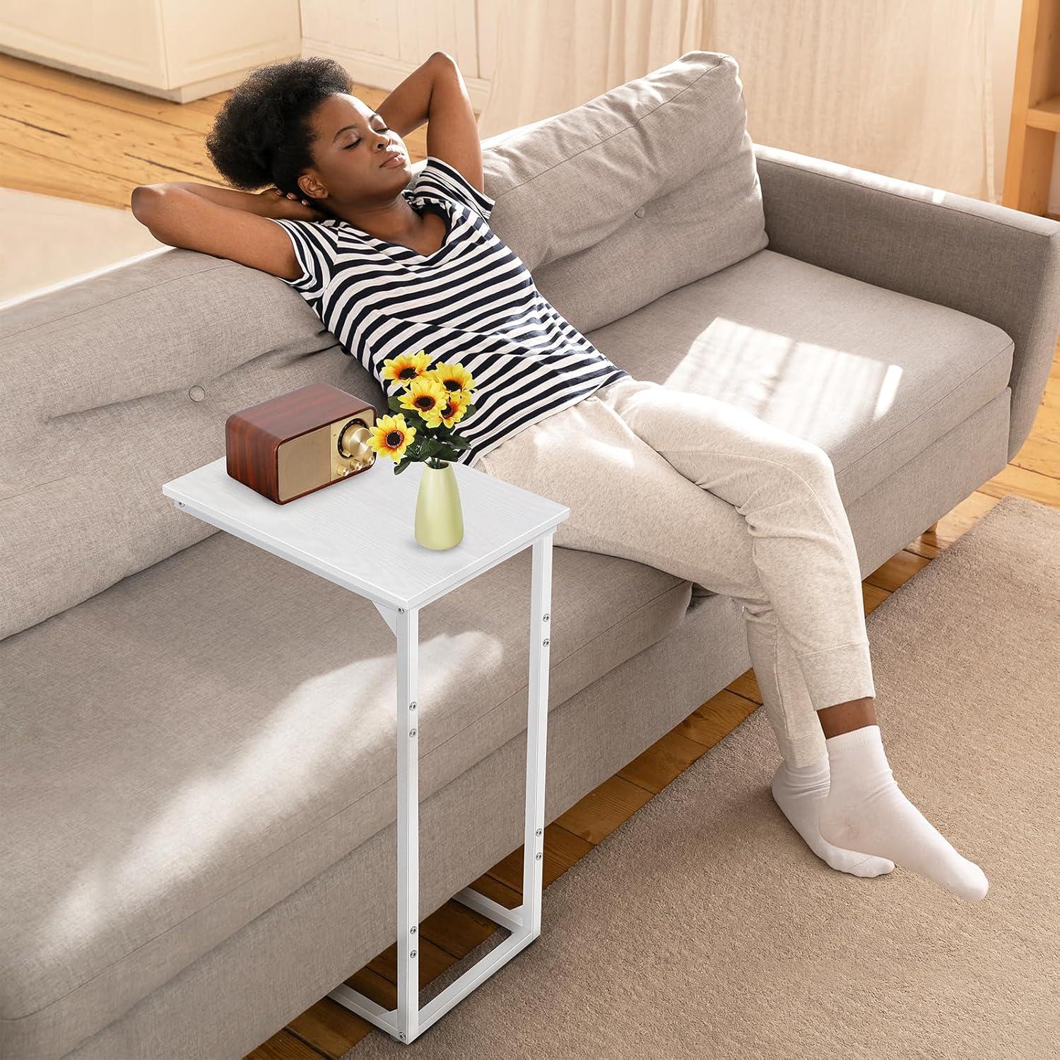 White C-Shaped Side Table with Metal Frame