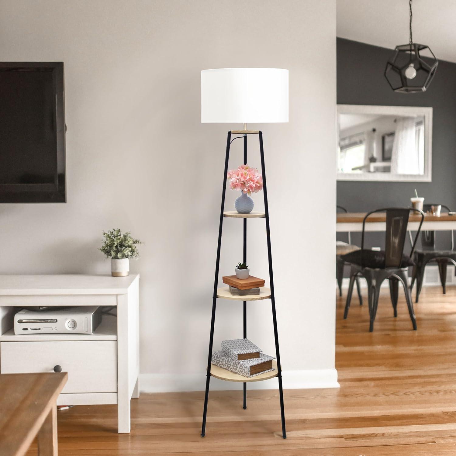 62.5" Black Tripod Floor Lamp with Light Wood Shelves