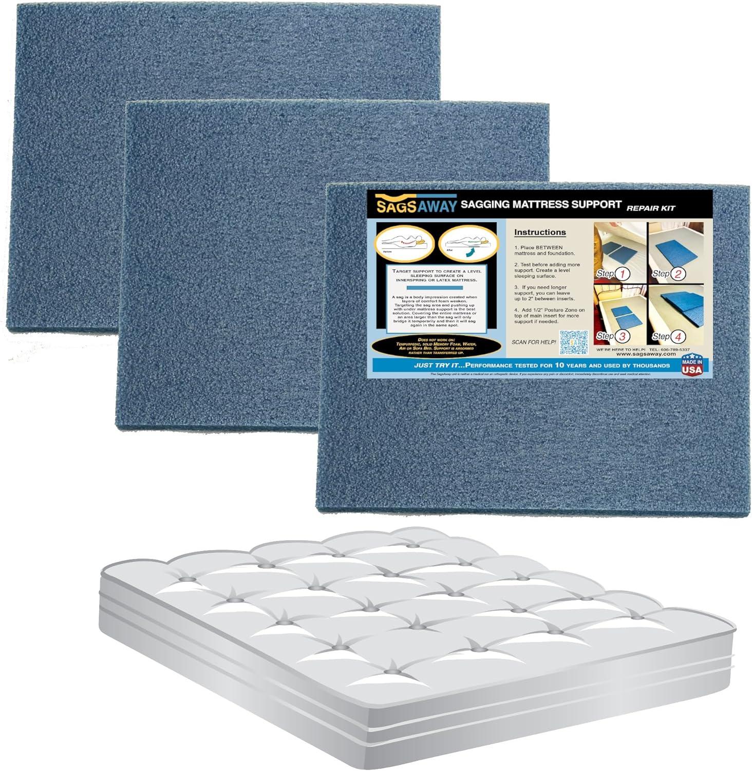 SagsAway Under Mattress 3 Piece Support Kit to Fix Saggy Beds. Firm Foam Sheets Can Be Layered to Repair Any Sagging Twin, Full, Queen or King Innerspring Or Latex Bed Or Bunk Up to 14in Thick