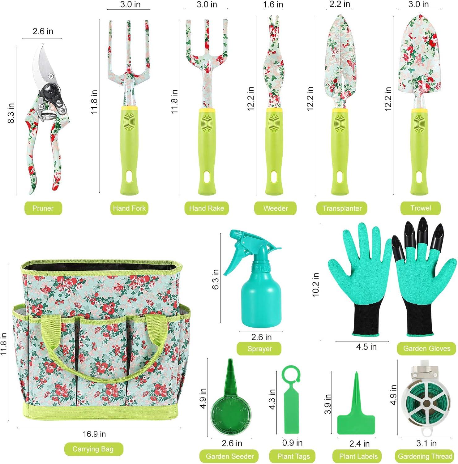 Gardening Tool Set - 13 PCS Heavy Duty Aluminum Gardening Tools Kit Floral Print Garden Tool Set with Non-Slip Rubber Handle & Durable Storage Tote Bag Gardening Supplies Gifts for Women Men