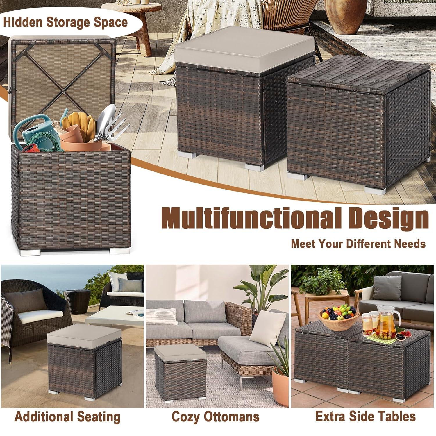 Latitude Run® 2-Pieces Patio Ottoman Set Outdoor Wicker Stool With Storage